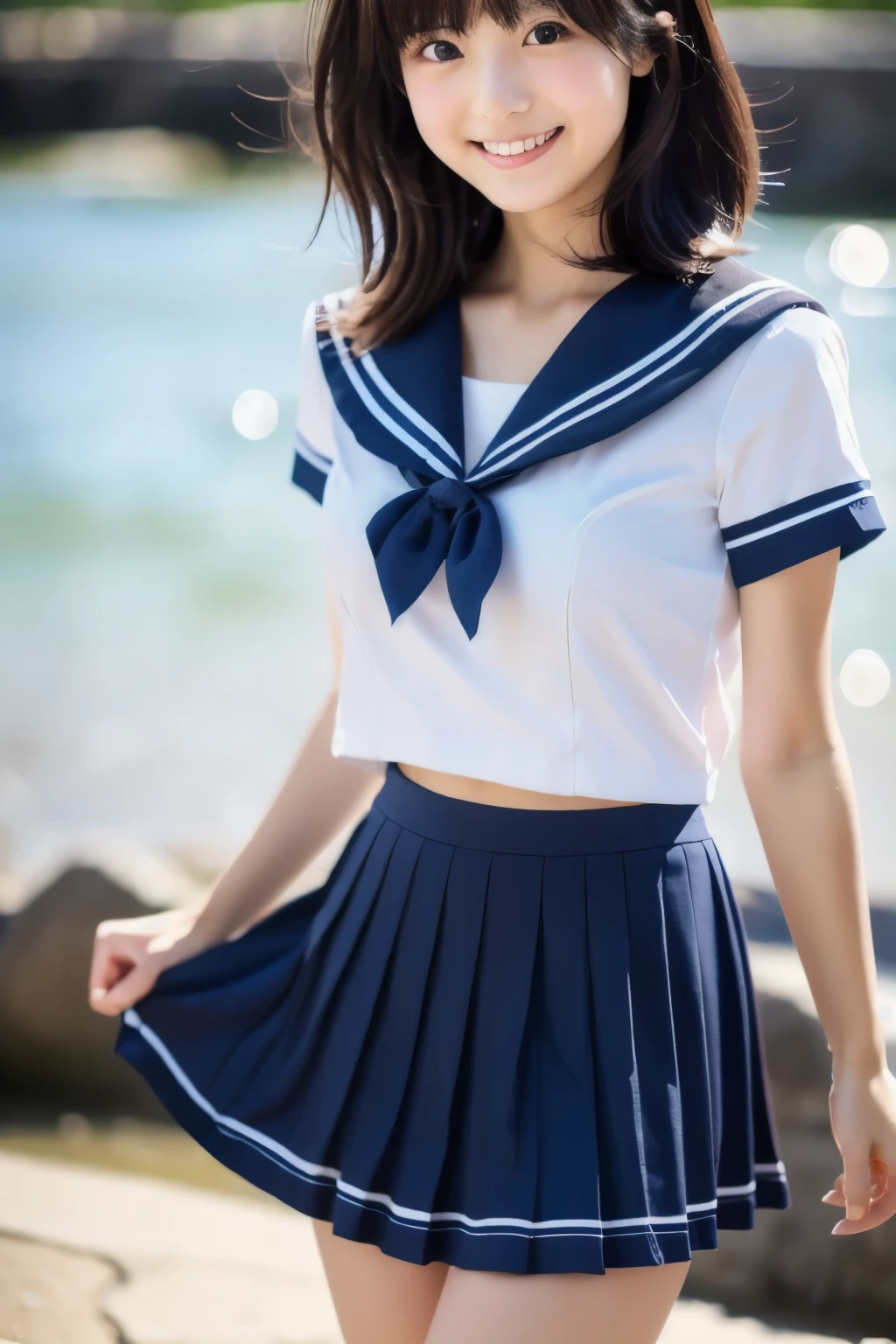 (close up:1.2), beautiful japanese girl、(clear eyes:1.3)、so beautiful 、A girl with a cute smile、Super cute  face、  female model,(Super cute face with idol style:1.2), 8K、bangs、black haired、medium long hair、middle hair、straight hair、private beach、genitals are smooth、Realistic representation of genitals、Balanced and beautiful breasts、Beautiful style with slim and great full body details、sailor suit、I took a photo with a super mini pleated skirt.、high quality、masterpiece、super resolution