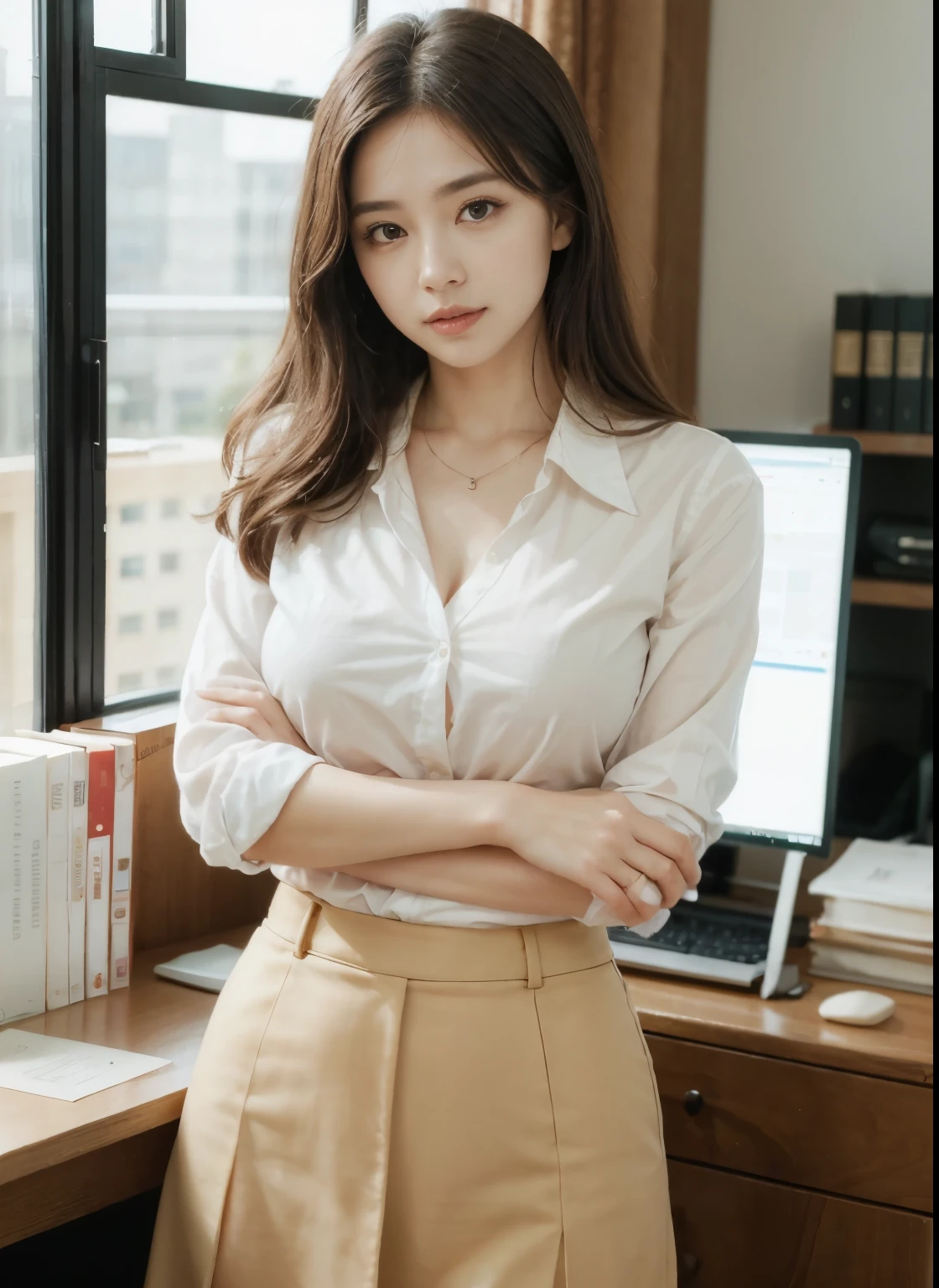 2 female, Soio, a secretary, stunningly beautiful, (top-quality、8K、32K、​masterpiece、nffsw:1.3)、超A high resolution,(Photorealsitic:1.4),Raw photography, Detailed face,,Beautiful hair, White shirt,((Secretarial style)), thicc body, tight skirts、 Natural makeup, Breast cleavage, Inside the office, Detailed background, Perfect Lighting, depth of fields, Beautiful shadow gradient, ,