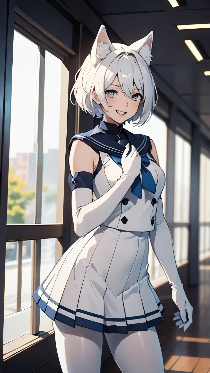 Tabletop high resolution Best image quality 8K Adult female Anime Style White long gloves(Elbow Gloves) Pure white pantyhose Sailor suit(Sleeveless) mini skirt(Lifting) I can see your underwear(White underwear) White wolf ears short hair((Shortcuts)(Gray Hair)(Perm)(fluffy)) Eye is blue Fascinating face((Laughter)(smile)(Open your mouth))