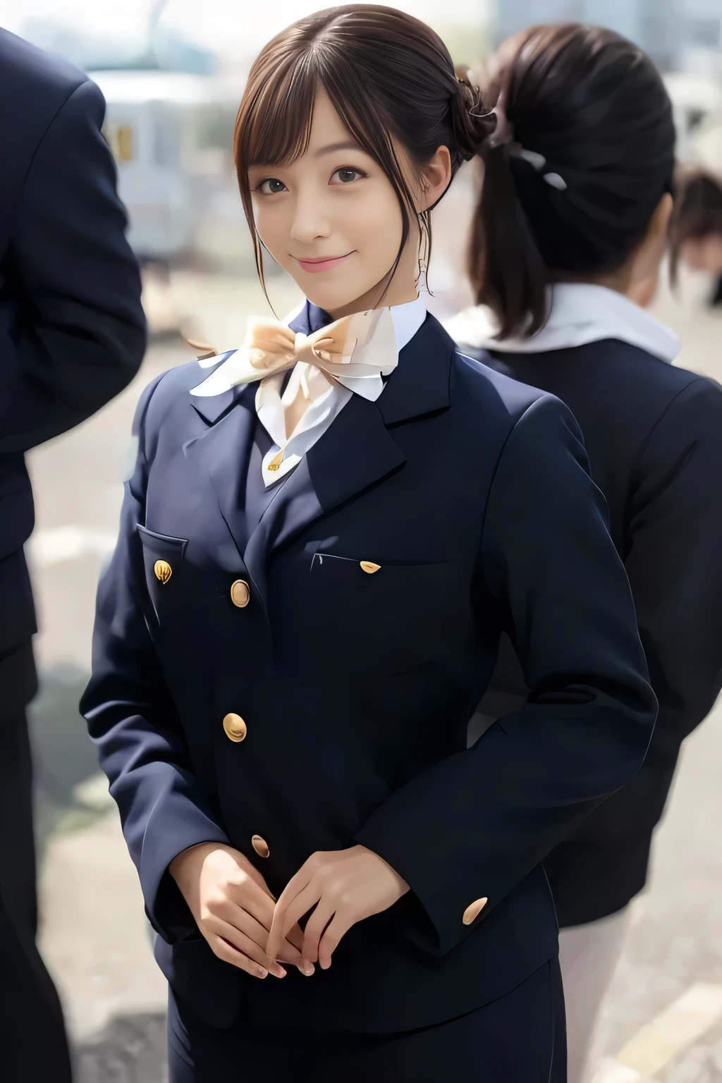 (masterpiece:1.2, Best Quality:1.2), 32K HDR, High resolution, (Alone、1 girl)、(On the roof of a building during the day、Professional Lighting)、Building rooftop background、(Japan Air System cabincrew Uniformを着たリアルスタイル)、((Japan Air System cabincrew uniform jacket with buttons on both breast pockets、White short sleeve blouse 、 Jumper skirt、Scarf around the neck))、Dark brown hair、(Long Hair、Hair tied up、Hair tied up)、Dark brown hair、Long Shot、Big Breasts、Thin legs、((Great hands:2.0)),((Harmonious body proportions:1.5)),((Normal limbs:2.0)),((Normal finger:2.0)),((Delicate eyes:2.0)),((Normal eyes:2.0)))、smile、(Japan Air System cabincrew Uniformを見せた美しい立ち姿)、Hands down