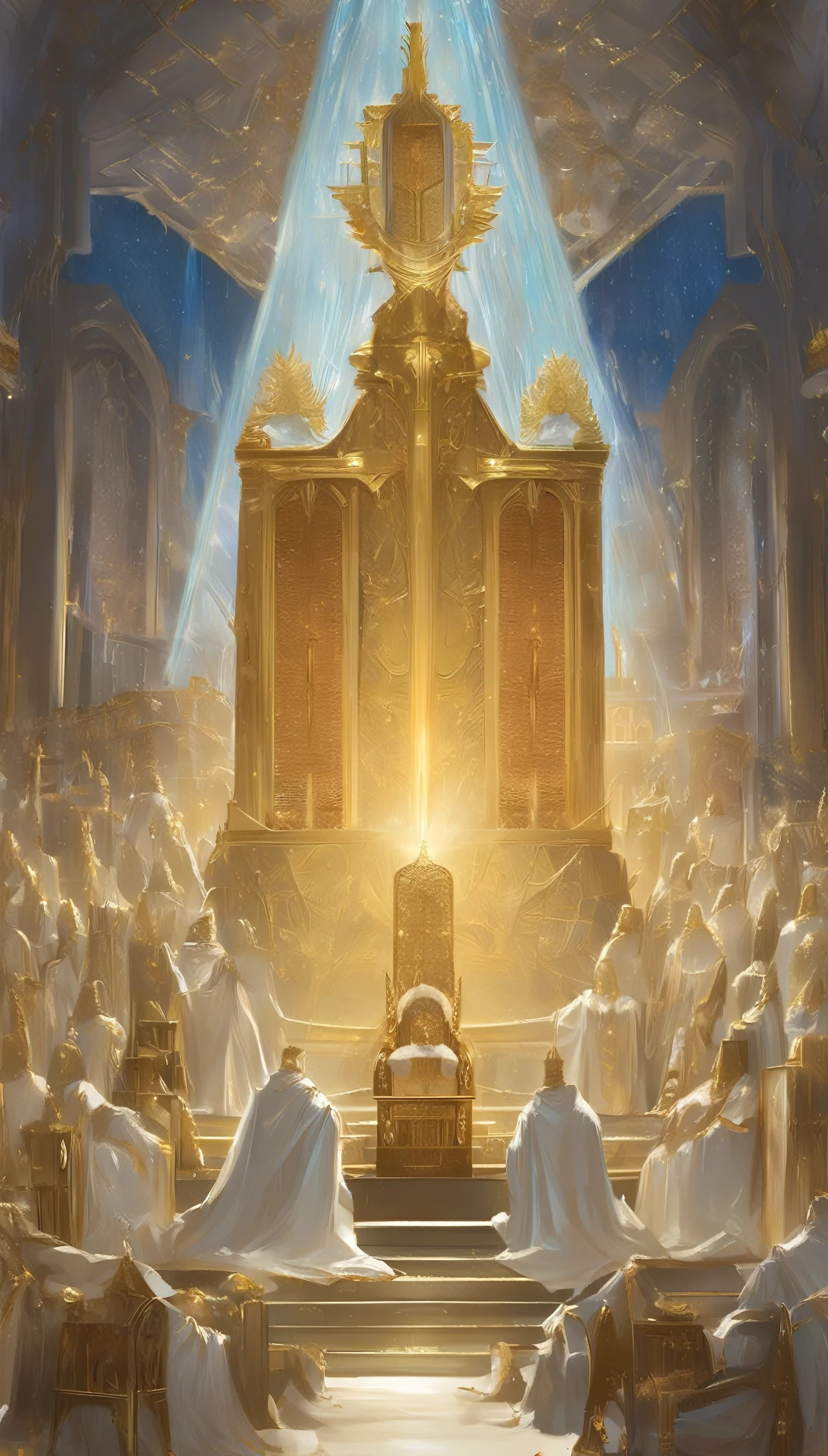"Depict a majestic throne room set in the heavens, with a grand central throne surrounded by twenty-four smaller thrones. Seated on the smaller thrones are twenty-four elders dressed in flowing white robes, each wearing golden crowns. From the central throne, flashes of lightning, rumblings, and peals of thunder emanate, adding a sense of awe and power. In front of the throne, seven blazing lamps symbolize the seven spirits of God, casting a radiant glow. Beneath the throne stretches a vast sea of glass, clear and smooth as crystal, reflecting the heavenly light."