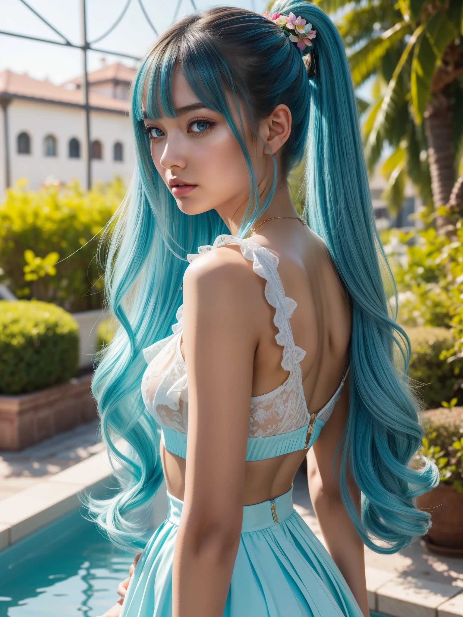 (masterpiece), (best quality), (ultra detailed),(disheveled hair),(illustration), (1girl), (Fashionable clothing), standing, Fashion model, looking at viewer, (interview), (simple background),beautiful detailed eyes, delicate beautiful face, Floating,(high saturation),(colorful splashes),colorful bubble,(shining), focus on big perfect butt, ponytail, kamisato ayaka, light blue hair, bangs, hair ring, floating flowers, floating hairs, (shining), best lighting, best shadow,