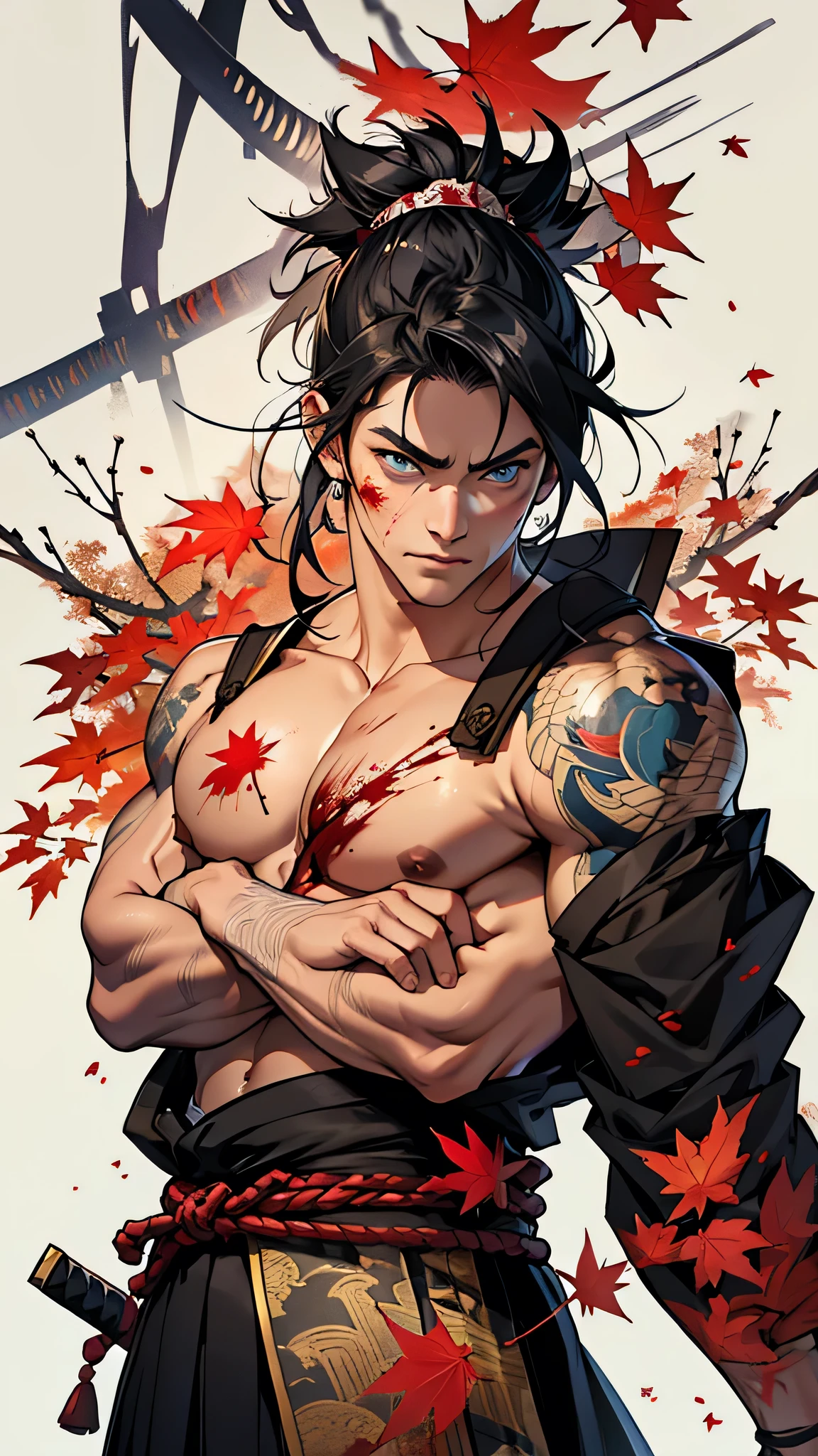 Japanese male samurai, 30 years old, large body, big muscles, slightly hairy, black hair, six pack, body full of wounds, sweaty, tanned skin, dirt, wearing old red and black traditional Japanese armor. , holding a katana, in the middle of the battlefield, Shikoku, fighting stance