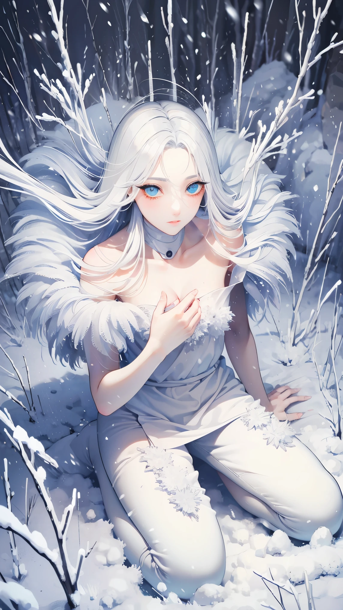 ((best quality)), ((masterpiece)), (detailed), perfect face, high detailed eyes, Snow Woman, Snow scene, snowstorm, ice world, white hair, long hair, floating hair, empty eyes, gaze, Bare chest, white outfit, kneeling