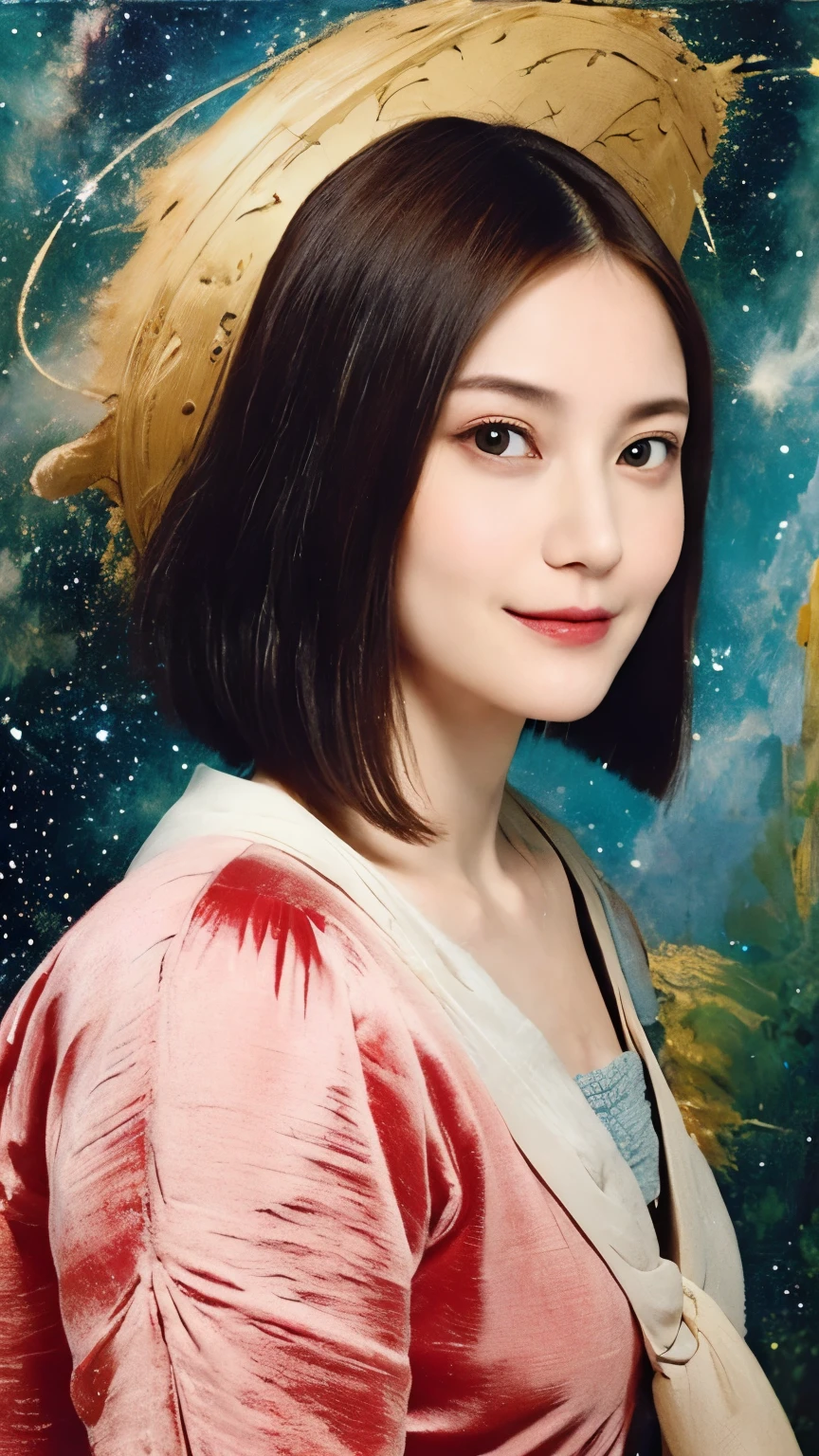 294 (20-year-old woman,short hair,20-year-old male), (A kind smile), ((Spaceship,captain)), (colorful), (Leonardo da Vinci paintings), flower, Space Suit, Pirate Ship, nebula, milky way