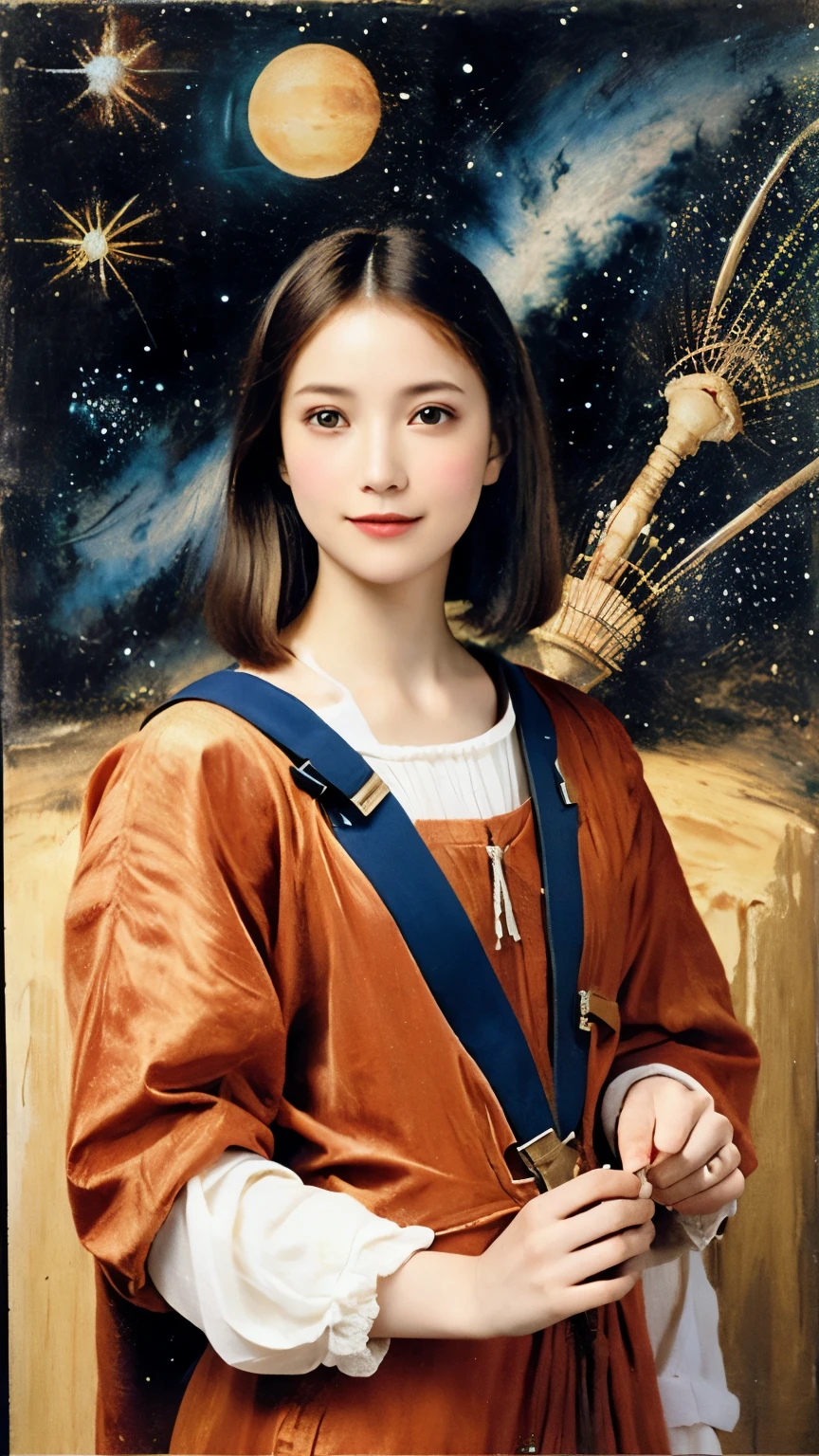 294 (20-year-old woman,short hair,20-year-old male), (A kind smile), ((Spaceship,captain)), (colorful), (Leonardo da Vinci paintings), flower, Space Suit, Pirate Ship, nebula, milky way