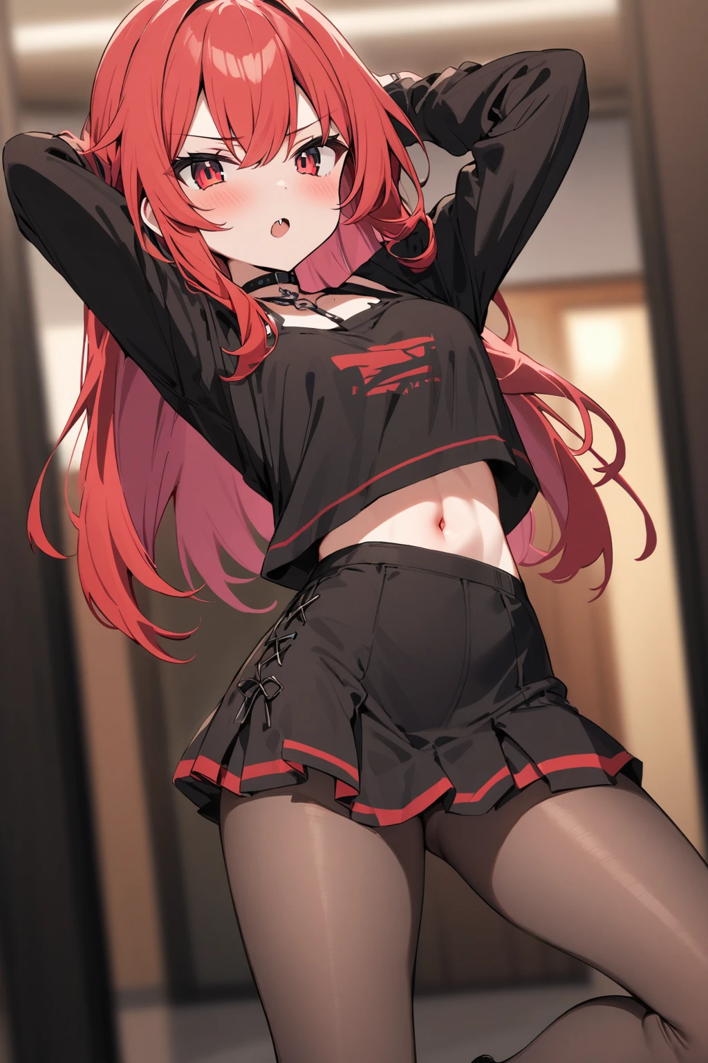 High tail hairstyle, two Ponytail hairstyle, Ponytail hairstyle, Long wavy black hair, standing posing, anime girl style, pixel art anime style,penetrating look with deep eyes,red and purple eyes, hair with a ponytail hairstyle trapped with a big red bun, women, red hair clips, x color shaped hair clips , smiling face blush, next to his bed, Skirt, tank top, Black hair, big thighs, NSFW, Skirt fluttering in the wind, perfect panty, from below, viento levantando su Skirt haciendo que se le vea el panty, hands in fist , Skirt fluttering in the wind, Skirt levantada, 