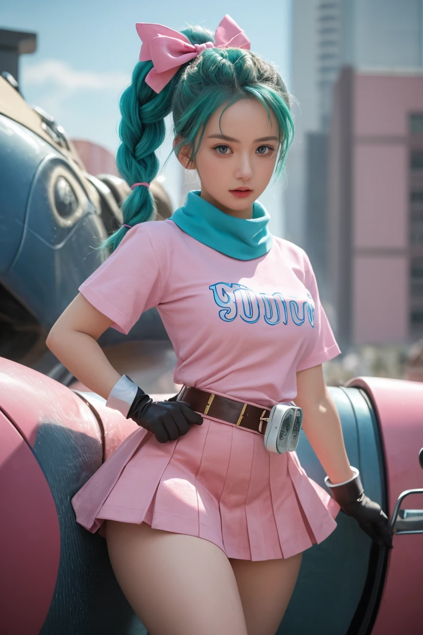mj-kb, Emma Watson as Majin Buu,girl, athletic body, black sclera, red pupil, evil smile, long pink hair, pink skin, big breasts, yellow leather shirt, white leather pants, harem pants, m on belt,
looking at viewer, serious, standing, outdoors,
sky background, blue sky, extremely detailed, HDR,