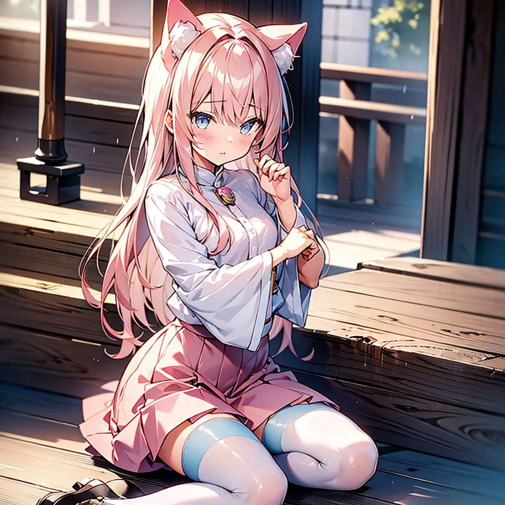 Cute With a girl cat ears、Japanese anime style、Moe、（Full body 2.0）、（Only 1 person 2.1）、（No background 1.8）、Authentic and highly detailed body、Petite、With a girl、Childish、、Hair length、Bans、Pink Hair、Realistic and highly detailed faces、Beautiful eyes with realistic detail,、 Real and highly delicate arms and hands、Real and highly detailed human hand（Five fingers）、The most beautiful girl in the world、Delicate and beautiful pink cat eyes、Real skin texture、Casual wear、、mini skirt、（Authentic and highly detailed pink stockings 2.5）、（Authentic and highly detailed rain boots 1.5）