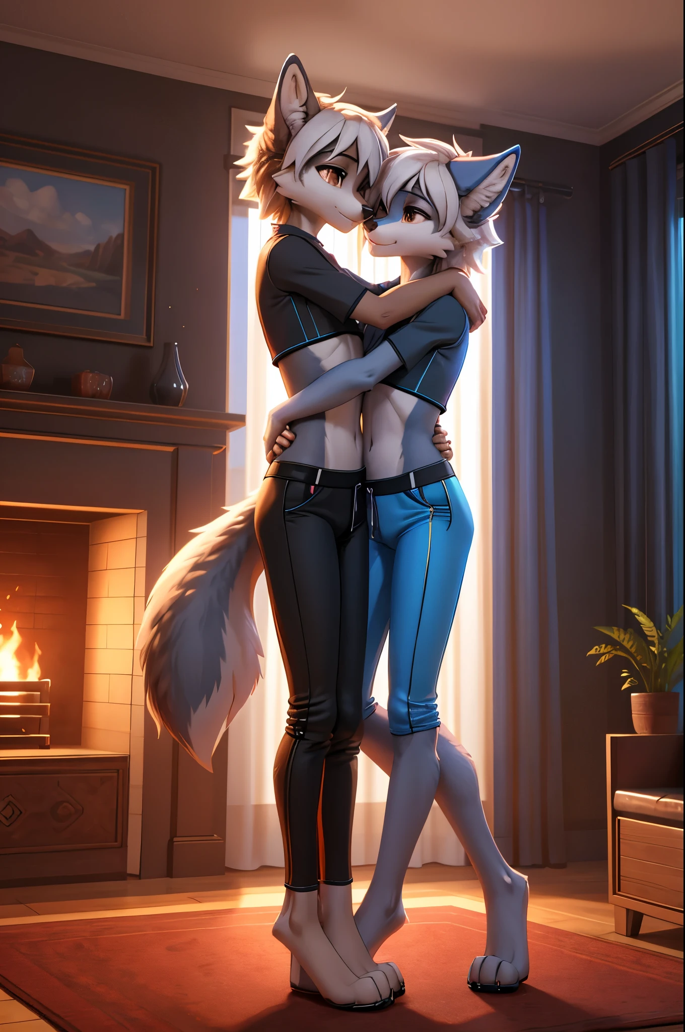 (tmasterpiece: 1,3), (2d: 1,0), (Japanese cartoon: 1,0), (illustratio: 1,0). Close-up of a sweaty 18-year-old male wolf，Another sweaty 18-year-old male wolf hunched over the wall, stooped, stooped, hands on wall, hands on the waist, deactivated, hugs, hunchback, penetrating butt, lovemaking, penetrated, Permanent, standing behind, A wolf stands behind another wolf, At the back, one behind the other, from back, Upload to E621, erect through, The erection, big genitals, 18yr old, red eyes, sweaty, vests, no shorts, , (tmasterpiece:1.2),(Anatomically correct:1.1), high qulity:1.3, Handsome, 2 arms, 2 legs, 1 tail, with her mouth open, With his eyes closed, Ao olhar para cima, Be red in the face, how to, , pornographic, Sam, plump butt, the night, lightsout, Dark Dark Shadows, dim murky lights, dress room, the benches, window, doors, Large curtains, lotion, tissue, clothing rack, Towels, hanging lights, dust particle, The atmosphere is warm, sportsbag, Floor tiles, low-saturation, simple color palette, blue accents, blue posters