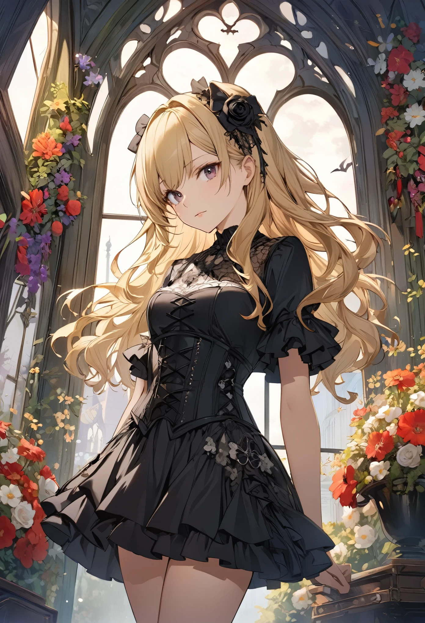 ((​masterpiece)), (top-quality), (detaileds),4K resolution. 1 Girl Sharp Focus、a blond,Princess Cut,odd eye,Older sister,diet,long,Red Rosa,tiarra,Black Dress,curlyhair,small tit,small tits,Cool,Rose Dress,embroideries,oriental,A sexy,Sareme,garden,Sunnyday,blue-sky,Confetti、small nose,narrow nose and small nose,,,,,,,,,,,,,,,,,,,,,,,,,,,,,,,High small nose,small nostrils,see -through,Full body like,oblique,1girl in,Golden hair color,Light hair color,Beige hair color,Rosa,Red Rose,Rosa,Red Rose,Rose Dress,weddingdress,Arm Cover，Adults，adult lady，veils，Kamimei,Red Rose,Rosa,Rosa,Rosa,Rosa，Rosa,Red Rose，Big sister，adult lady，adult lady，adult lady，，adult lady，adult lady，Adult Women Mermaid Dresses，Mermaid Dresses，corsets，corsets，corsets，corsets，A smile，Straight bangs