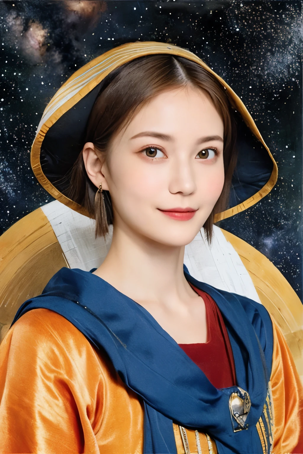 294 (20-year-old woman,short hair,20-year-old male), (A kind smile), ((Spaceship,captain)), (colorful), (Leonardo da Vinci paintings), flower, Space Suit, Pirate Ship, nebula, milky way