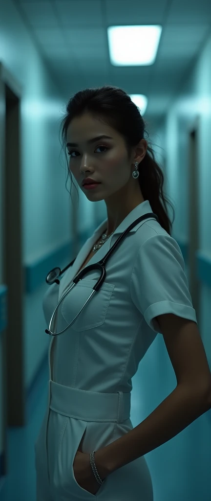 very curvy sexy nurse in a tight and revealing outfit, white skin with very intense green eyes,