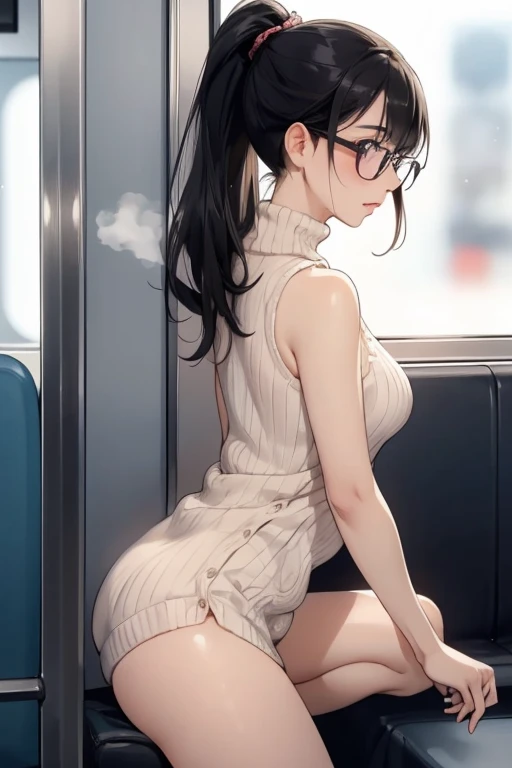 ((Best Quality)), ((masterpiece)), (detailed), A woman looking to the side，nsfw1.9,A woman sitting with her legs apart on a crowded train,,横向きの身bodyでこちらを見る,Beautiful woman seen from below 1.6，Showing off panties 1.5,Japanese married women，Beautiful body line，Beautiful Face，Clear Eyes，difficult, Beautiful Skin，Beautiful Hands，Beautiful legs，Long limbs，Black Hair，Beautiful long hair，Shiny Hair，Ponytail hairstyle,Thin lips，Mouth half open，Big Breasts，blush，Steam 1.5，Embarrassed expression，shortness of breath，Expressions of Ecstasy，Black-rimmed glasses，Bored eyes behind glasses，Tears,
Full body Shot，Side view,Standing，Arching your back and sticking out your chest，Woman upset，
Wearing a white knit，Turtleneck sweater，Sleeveless sweater，Beautiful clavicle，The sweater fits the woman snugly.&#39;body，乳首がStanding，The fabric of the sweater is thin，Embarrassing love juices running down her thighs，Are you seducing me???？Crying face，Climax expression，Expressions of ecstasy，Orgasm facial expression，Sexy mouth，Fully visible pussy，Plenty of love juice dripping down her thighs,I&#39;m not wearing a skirt..9,Showing off panties 1.7,Lace sexy panties 1.8,