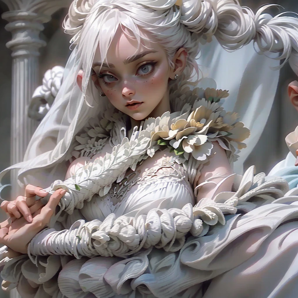 16k, super realistic, super clear, sharp image, nun, cute, pink lips, thin white dress, white dress, see-through white dress, transparent white dress, transparent white dress showing underwear, lace underwear, F-cup breasts, standing, holding a demon doll, demon doll