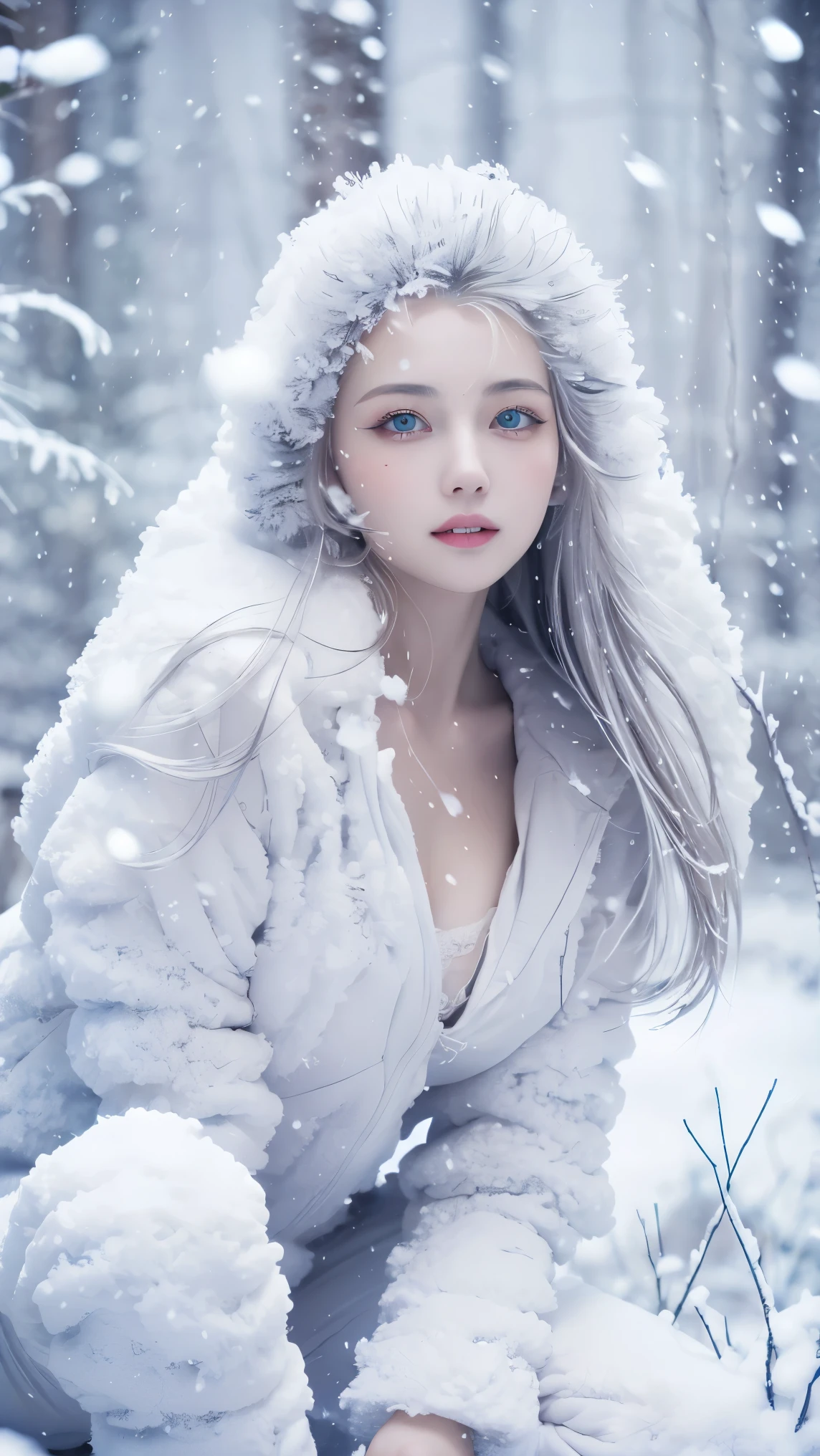 ((best quality)), ((masterpiece)), (detailed), perfect face, high detailed eyes, Snow Woman, Snow scene, snowstorm, ice world, white hair, long hair, floating hair, empty eyes, gaze, Bare chest, white outfit, kneeling