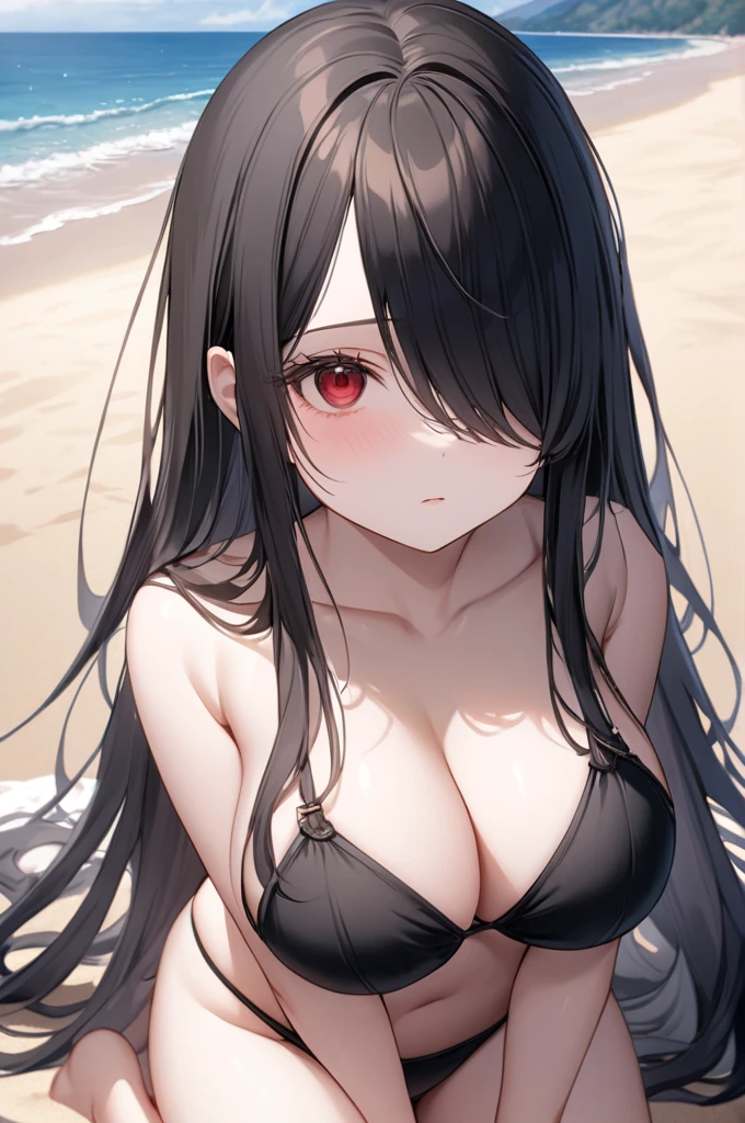 best quality, glowing red eyes, black hair, horny eyes, sitting forward to the viewer, beach,, looking at viever, huge ass, black wet one-piece swimsuit, sitting on a rock, nsfw ,disgusted facial expression, big , face zoom, facial gesture, sharp teeth, disgusted, corruption eyes, armpit showed, huge cocks, big black cock on a head