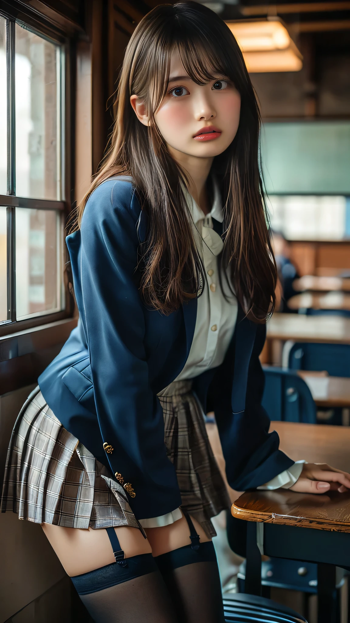(8k, RAW Photos, Best Quality, masterpiece:1.2), (Professional photography, Full Color, Studio-level color grading), (High-end fashion magazine gravure quality), (High quality with attention to detail, Realistic depiction of eyes:1.3), From the side, High school classroom、High school girl、blazer 、Super Short Check Skirt、Navy blue knee-high socks、garter belt、Huge 、confusion, short hair, (Wavy Hair:1.2), Short Bob Hair, Black hair color, Large Breasts, Big, natural-colored lips, Bold and sexy pose, (Perfect figure), Crying a little、Cold Stare, Harajuku Style、20-year-old girl、Cute type, Beautiful legs, Burning idol pose, Voluptuous thighs, ((Extremely Huge Chest:1.75))