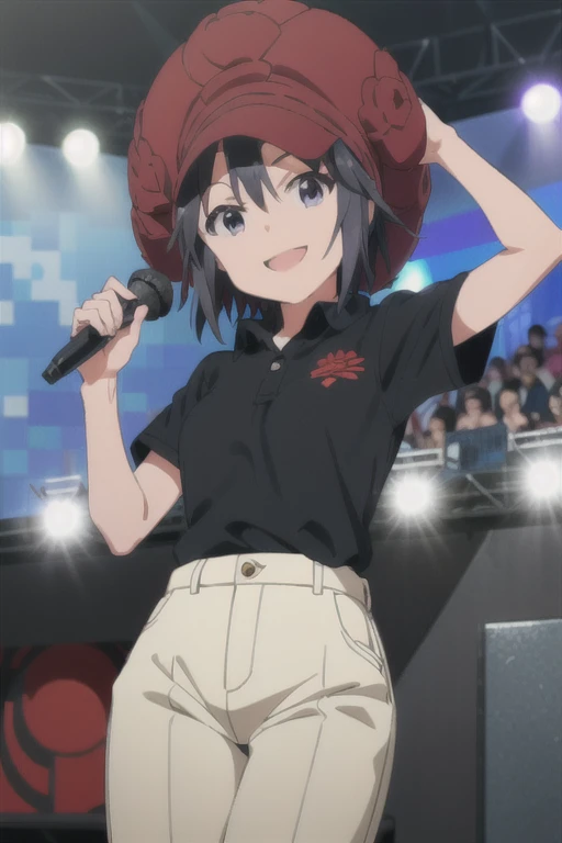 (((pixel-perfect, detail-perfect))), solo, 1girl, makoto kikuchi, hat red, shirt white, pants blue, shoes red, mic, stage live, looking at viewer, smile