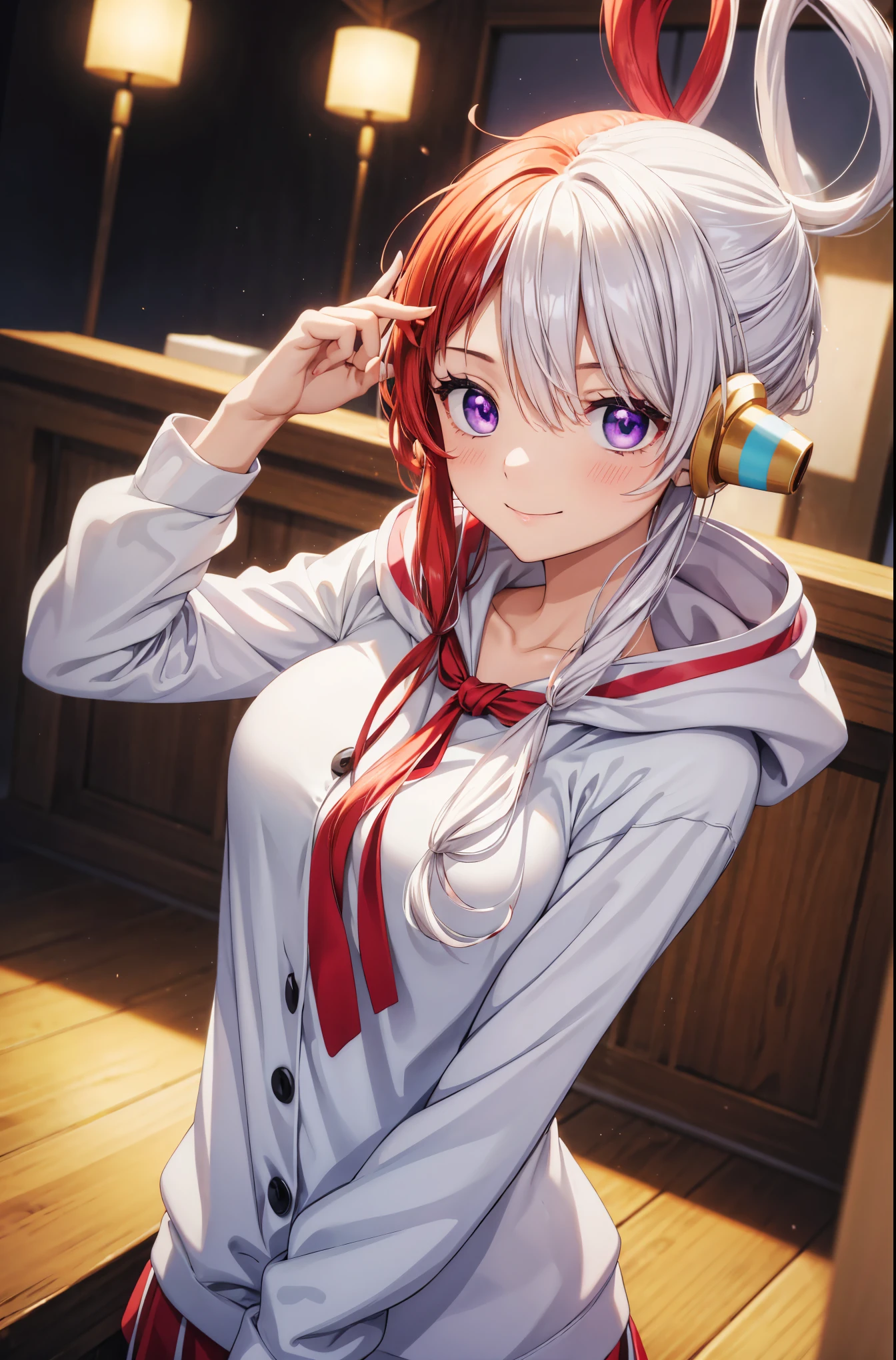 Masterpiece, Best Quality, 8k, Ultra-high resolution, Best Quality, Anime Style, Best Lighting, Beautiful face, The best finger, The best hand, Optimal Eye, Beautiful Makeup, (Captivating eyes:1.3) masterpiece、Best Quality、High Resolution、1 girl、The best smile、blush、Split color hair、Hair on one eye、Red and white hair、Multicolored Hair、Long Hair、Purple Eyes、Hair Ring、Gray Hair、White hoodie、black flared skirt、bangs、Medium Bust、upper body