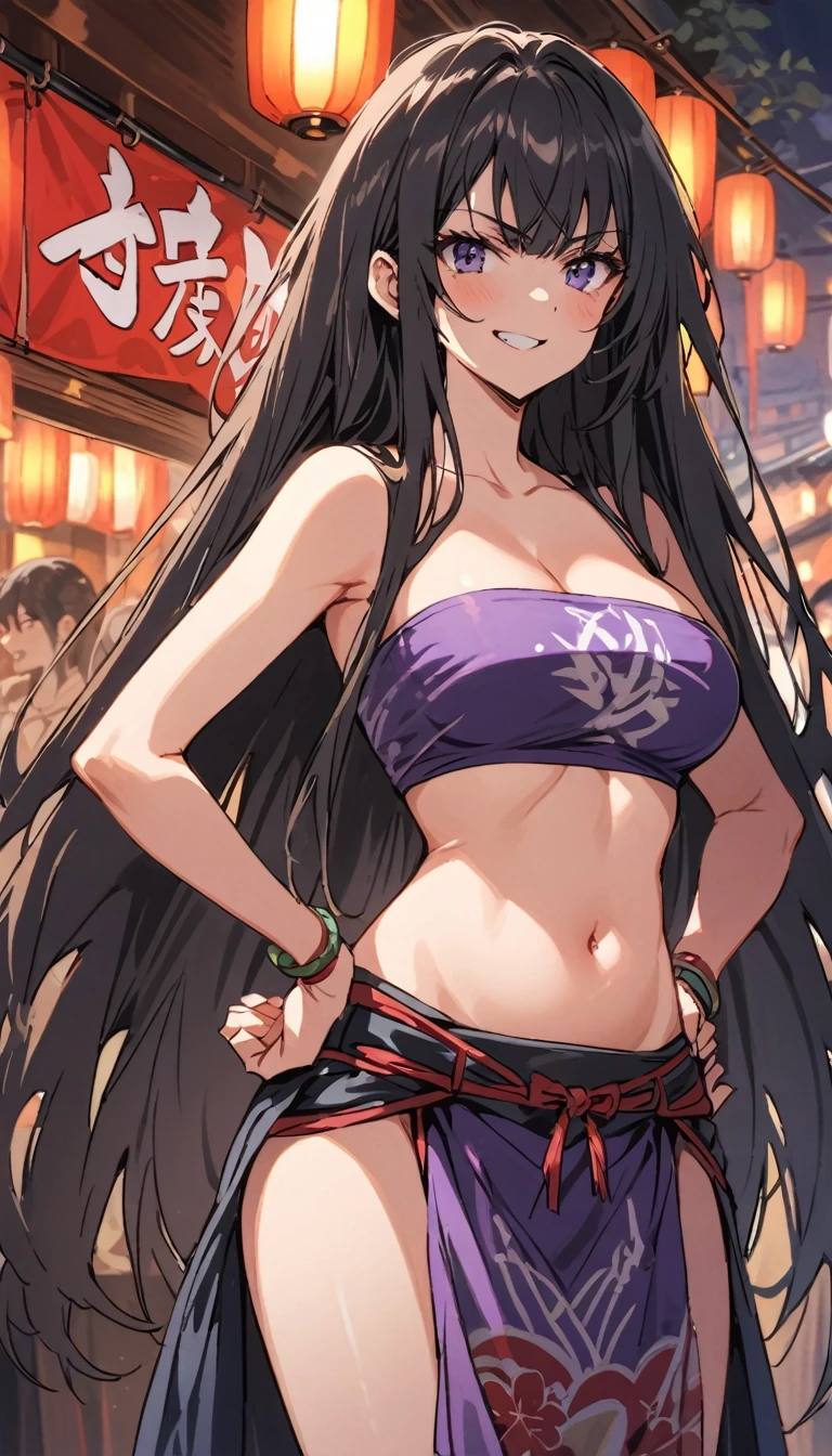 High school girl　Beauty　Black Hair　Straight long hair　smile　Reckless attitude　Glaring at me　tits　Tube top bra　loincloth　belly button　Hands on hips　Japanese Festivals