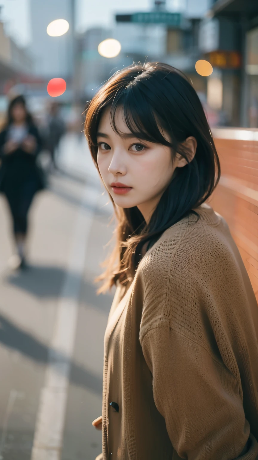 Cinematic Photo of a beautiful korean fashion model bokeh train