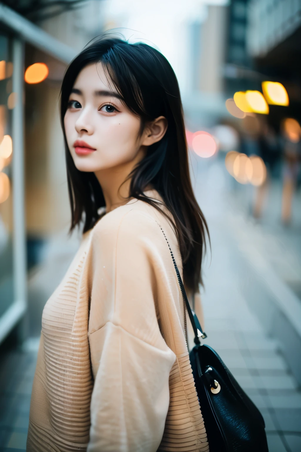 Cinematic Photo of a beautiful korean fashion model bokeh train