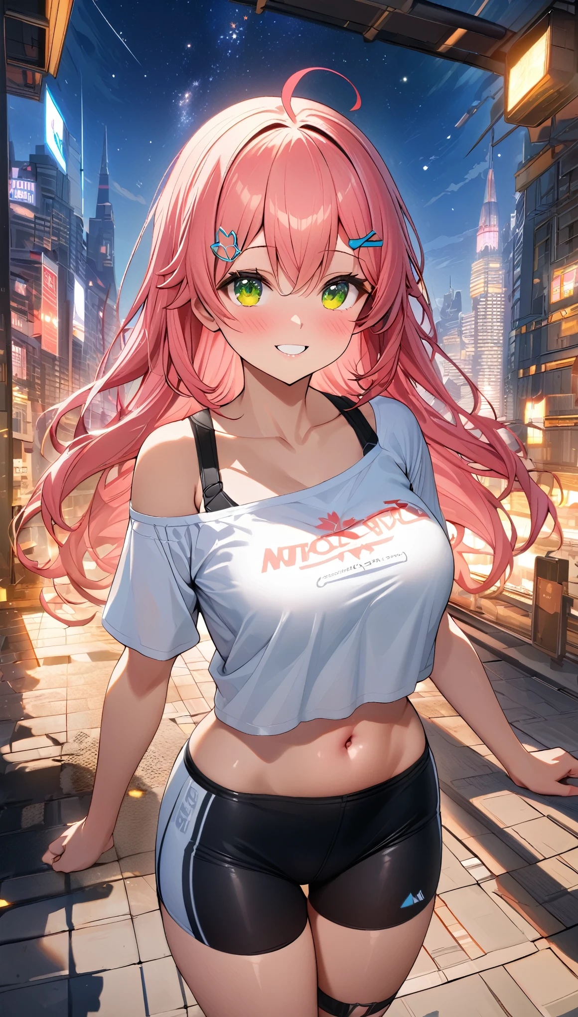 (8k、Best image quality、highest quality、masterpiece)、Detailed face、 1teen_girl、pink Hair、Long Hair、green_eyes、smile,(navel_peek)、(large_breasts),(White_short_T-shirt:1.5)、Off the shoulder、Black shoulder straps、(bike_shorts)、City Background, starry_sky_landscape ,sakura_miko,hololive,(covered_nipples:0.3),solo,stargaze,girl_looking_up_sky,shoot_boots,