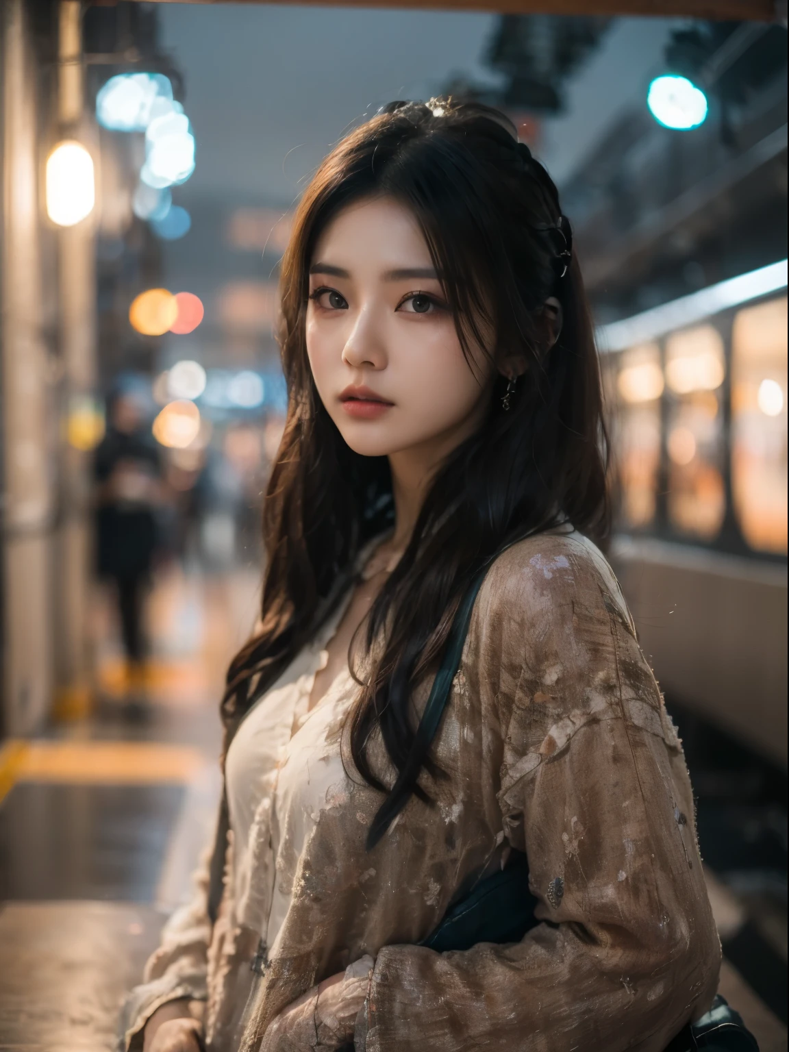 Cinematic Photo of a beautiful korean fashion model bokeh train