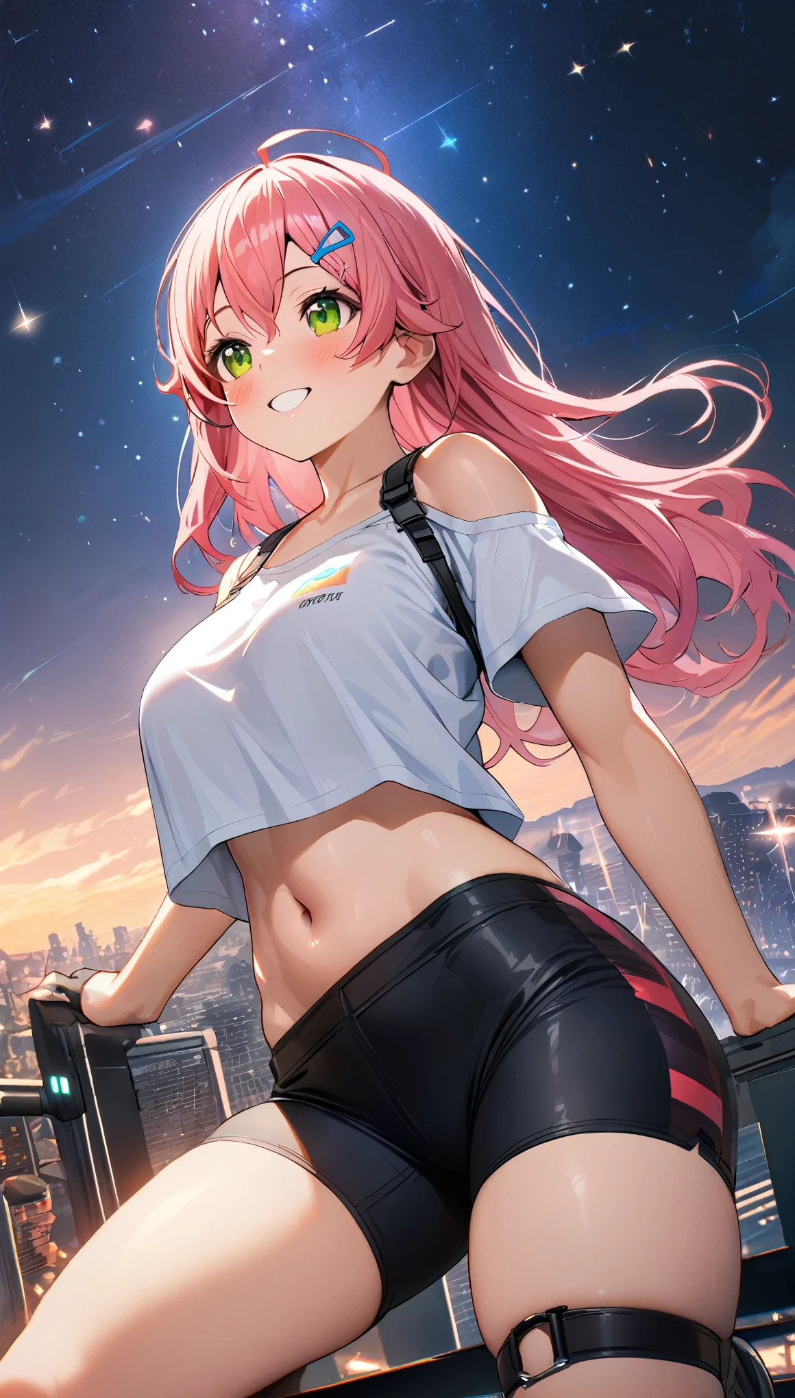 (8k、Best image quality、highest quality、masterpiece)、Detailed face、 1teen_girl、pink Hair、Long Hair、green_eyes、smile,(navel_peek)、(large_breasts),(White_short_T-shirt:1.5)、Off the shoulder、Black shoulder straps、(bike_shorts)、City Background, starry_sky_landscape ,sakura_miko,hololive,(covered_nipples:0.3),solo,stargaze,girl_looking_up_sky,shoot_boots,