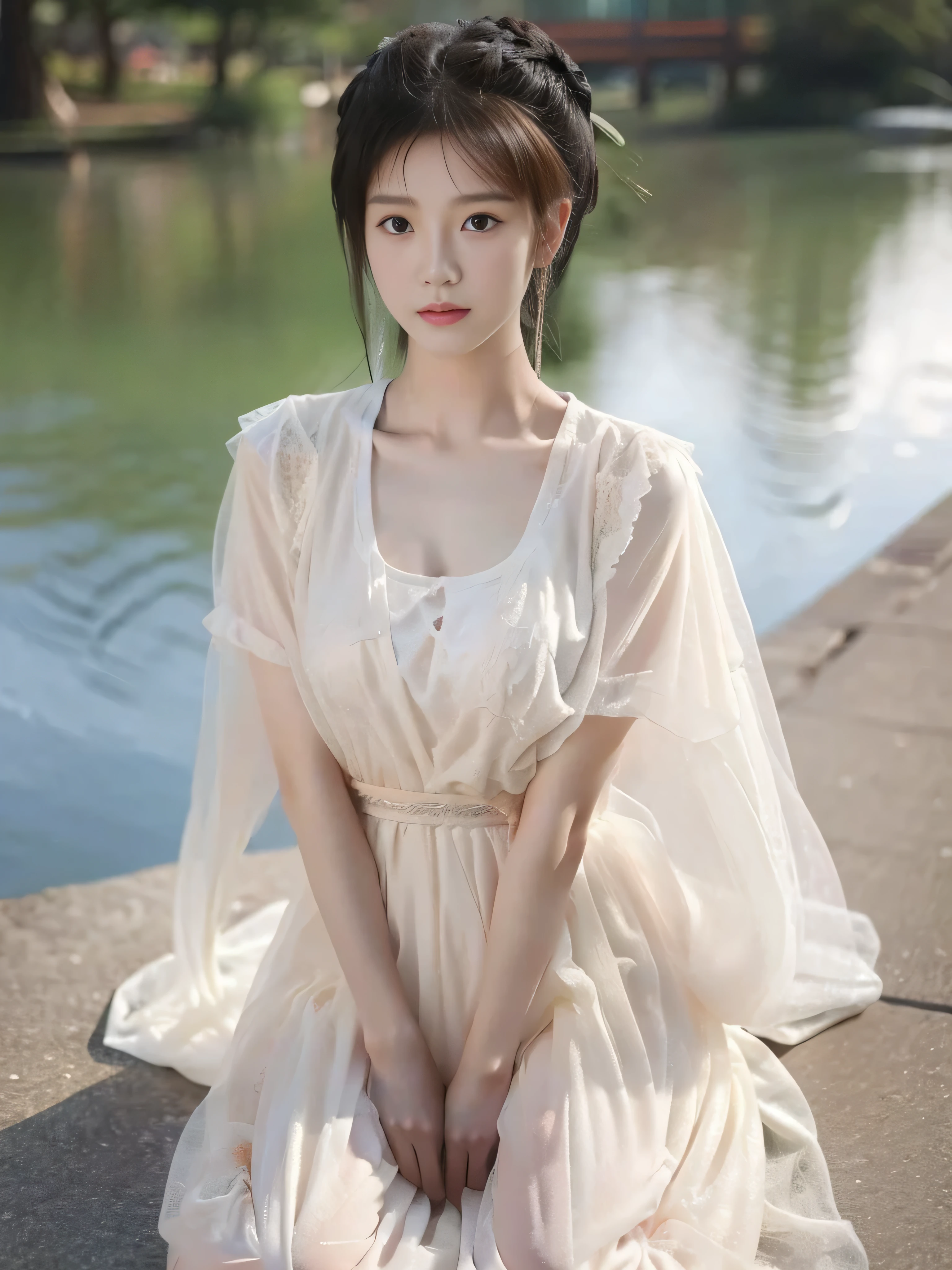 A beautiful Chinese girl，Short to medium length hair，Sitting on the ground，Upper Body，Very full breasts，Full figure，Protruding chest，Very thin waist，Gauze clothes，Disheveled