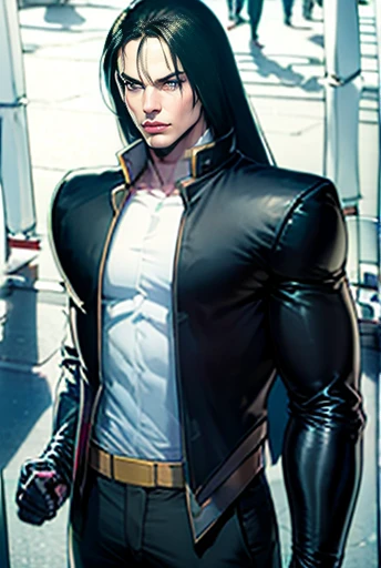 Handsome and cool boy, teenager, in latex superhero costume, with long hair and fair skin