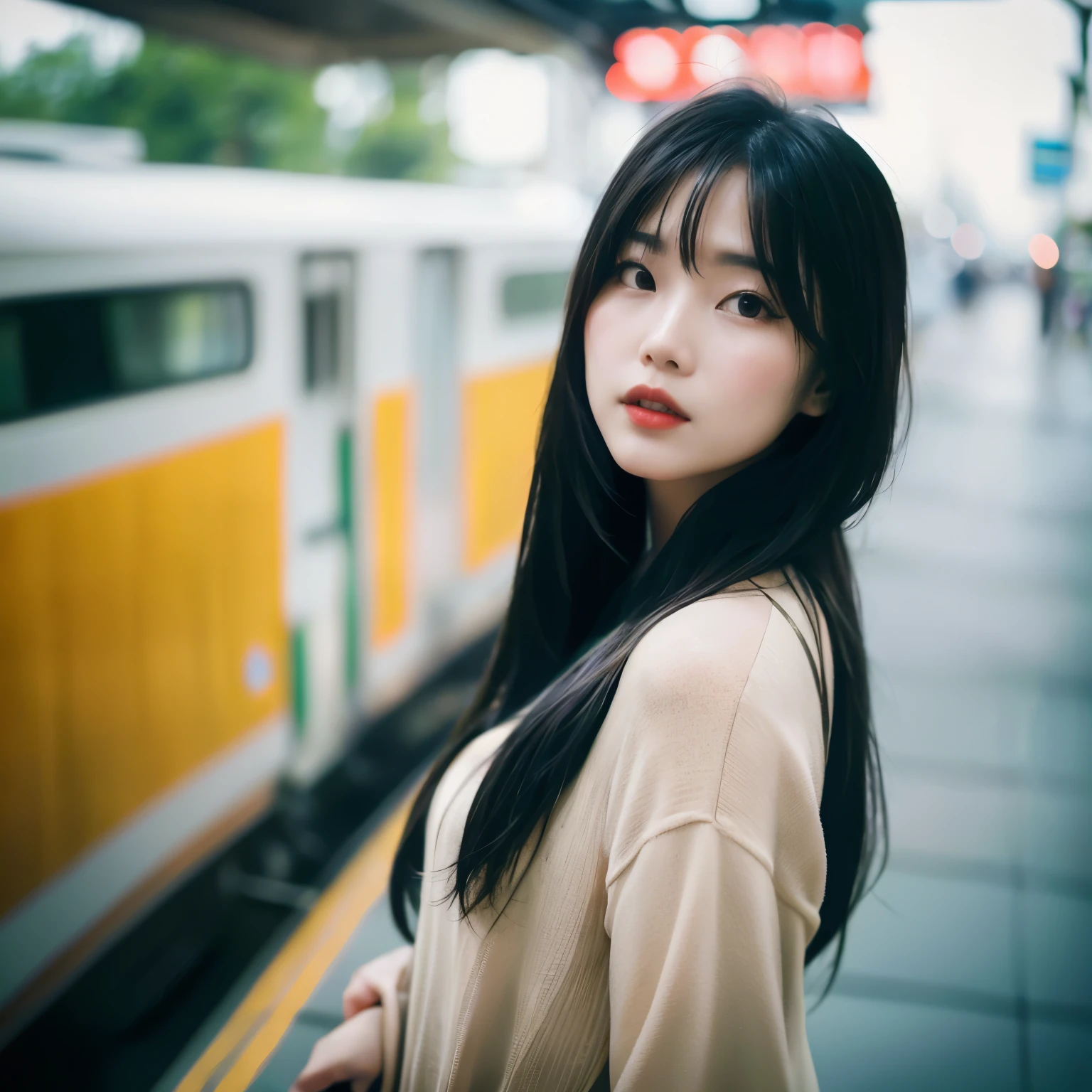 Cinematic Photo of a beautiful korean fashion model bokeh train uma mulher sexy com peitos grandes