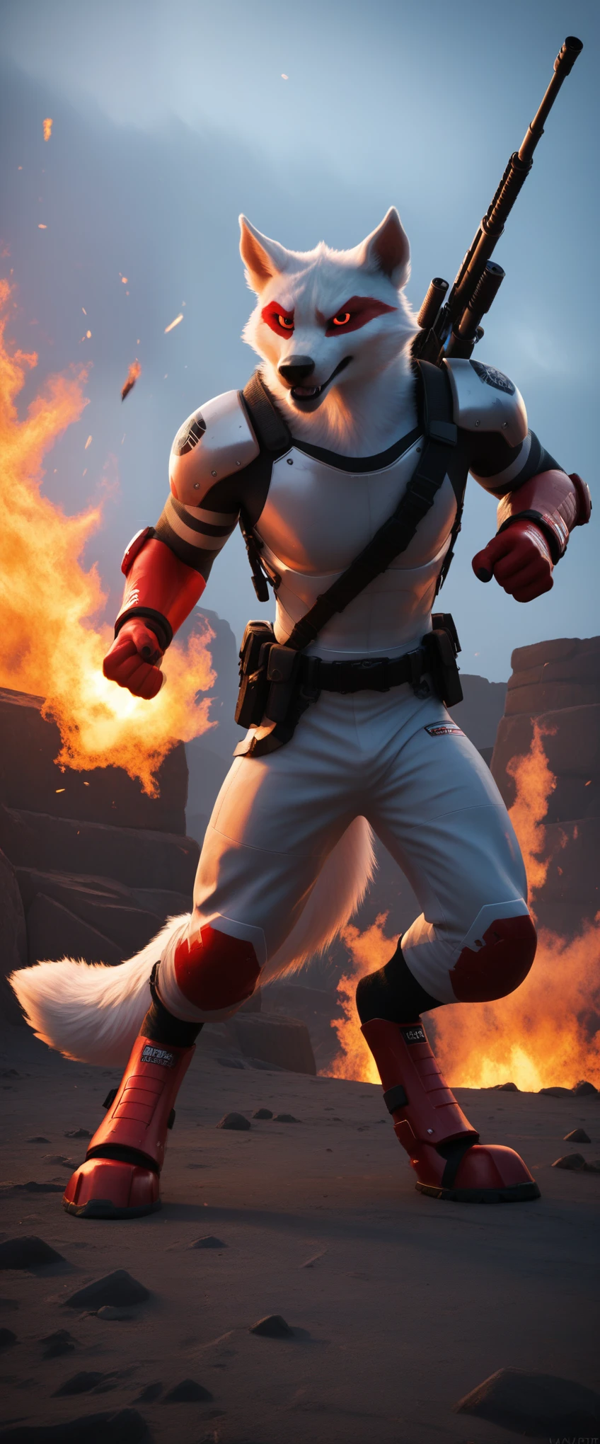 score_9, score_8_up, score_7_up, hyper-detailed photorealistic macro image of an anthropomorphic warrior d3ath, red eyes, white fur, his fire-type power by forcefully punching in the wind. His hand emits electric bursts of charges and fire blasts, as do his eyes, adding an electrifying, Cinematic and 3D,