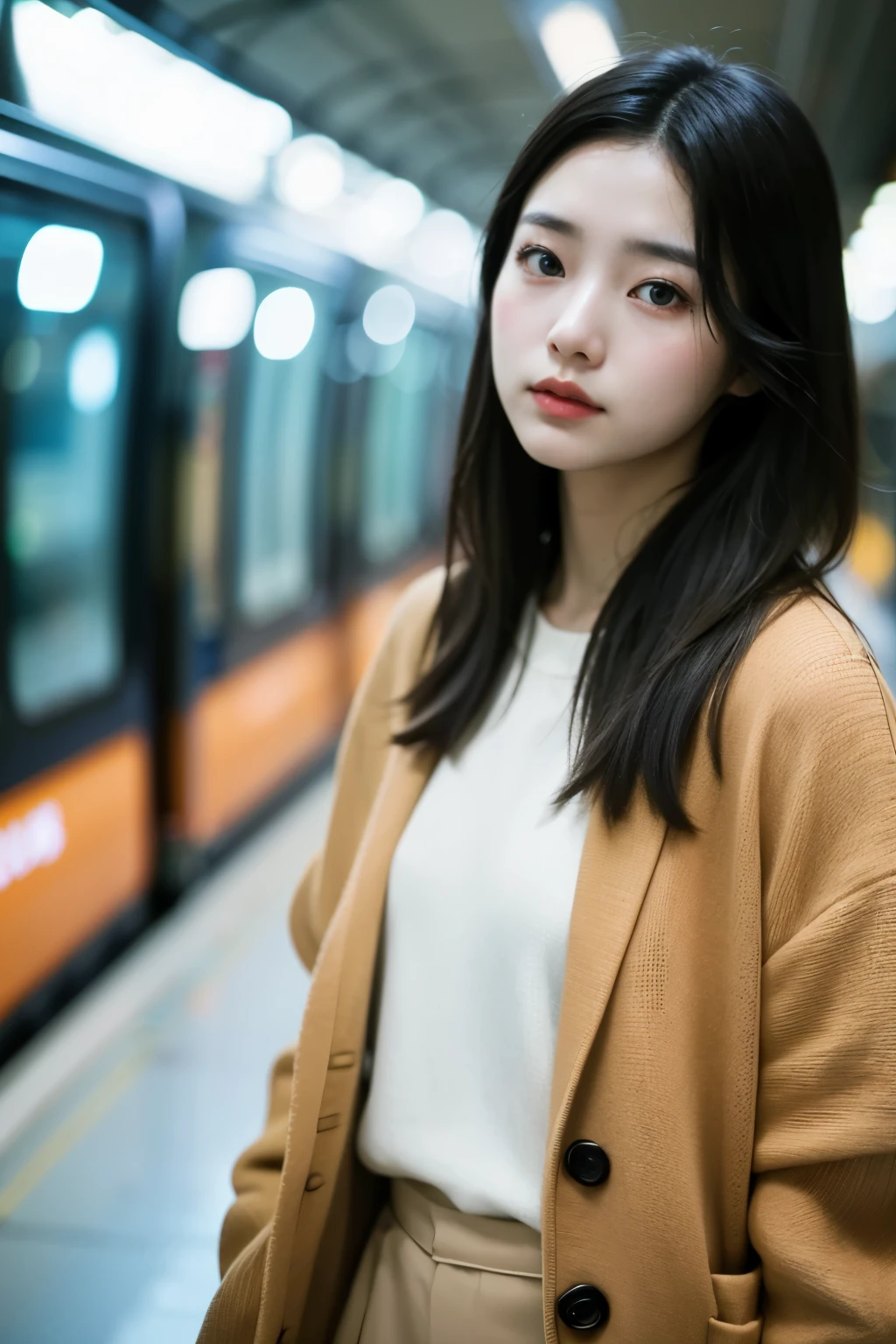 Cinematic Photo of a beautiful korean fashion model bokeh train
