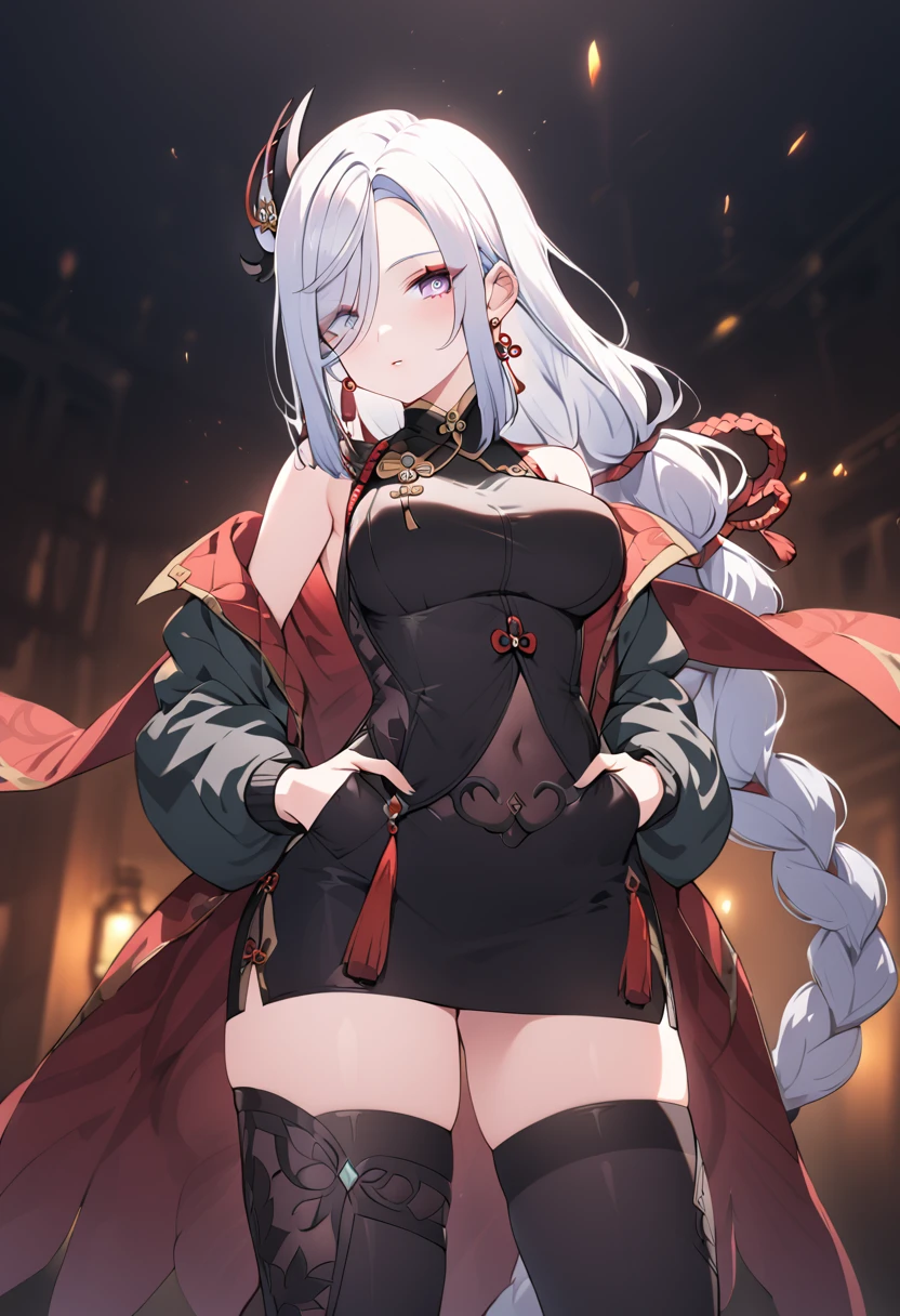 A woman wearing a long gray coat, silver hair, burgundy eyes, outside a medieval castle, air-conditioned in autumn, several leaves falling to the ground, expressionless, big breasts, perfect quality, ultra resolution, very detailed, masterpiece, 4k hd.