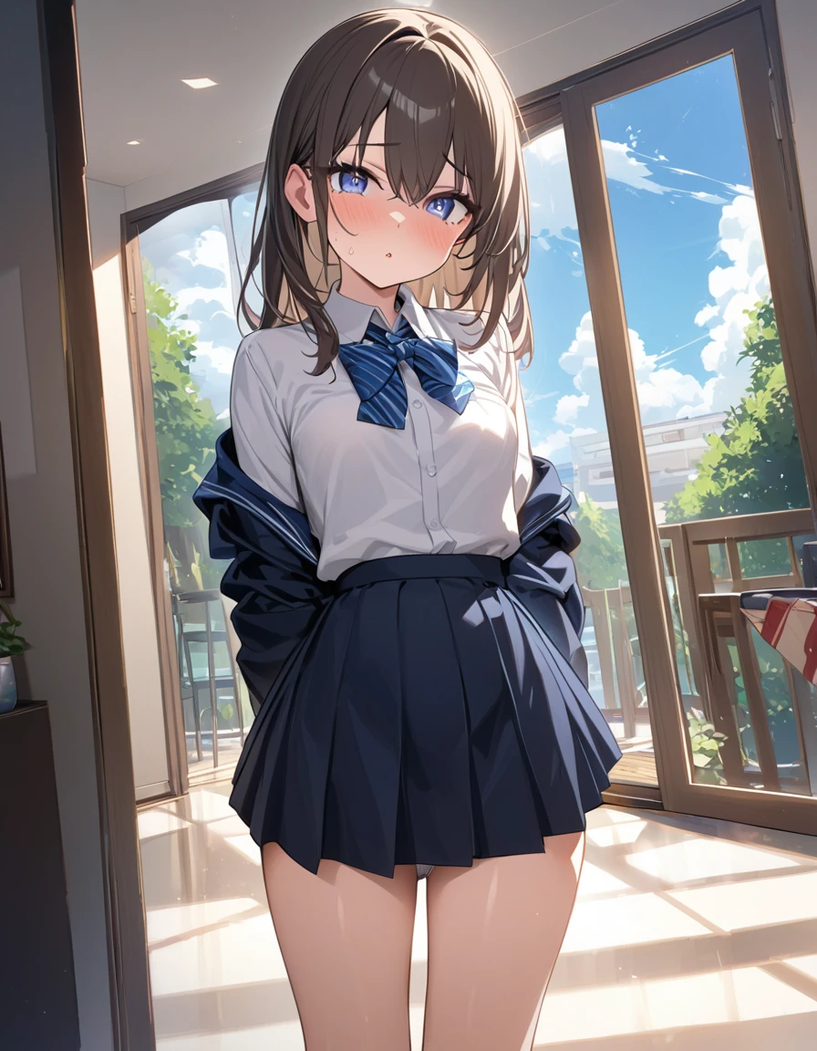 (masterpiece:1.3, of the highest quality, ultra high resolution, Super detailed), (realist:1.1, photorealist:1.4), Beautiful illustrations, perfect lighting, showy, Depth of written limit,
Beautiful detailed hair, beautifully detailed face, Beautiful fine details, beautiful clavicle, beautiful body, beautiful breasts, beautiful thighs, Beautiful feet, beautiful fingers,
See your viewers, 1 girl, Japanese, high school girl, perfect face, (perfect anatomy, anatomically correct), Cute and symmetrical face., baby face, Tanned, shiny skin,
(medium hair:1.5, twin tails:1.2, rubio), asymmetrical bangs, blue eyes, long eyelashes, (medium chest), delgado,
((Short sleeve collar shirt, light blue shirt, , gray plaid pleated skirt, Marinarlos)), no panties,
(beautiful views), evening, (exterior, Distant cityscape), They are standing, (peace sign), (Nice smile, look up, open the mouth), (White sperm overflows from vagina.),