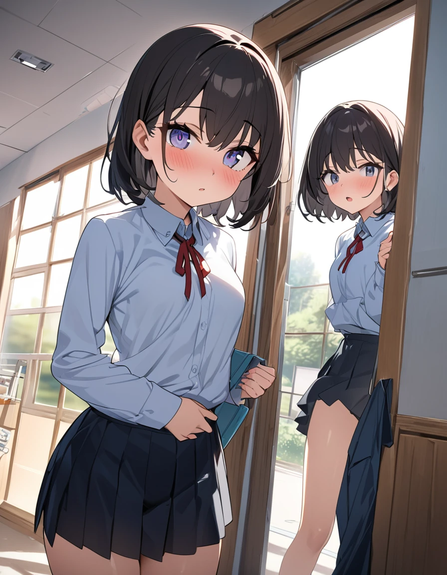 ((1 girl))、smile、small breastsのヌード、(cowboy shot)、(cardigan)、chest roll up clothes,pull clothes,((flat chest:1.3))、((I can see your nipples:1.5)),(NSFW), No bra, (black skirt),look down, ((classroom:1.5))Upper body,classroomのシャツロールアップシャツセーター高解像度,look down, Upper body,hair,Fair skin,classroom,small breasts,shaved pussy,(skirt lift:1.3), (Pull Panties)、((shaved pussy:1.5))、(スカート that rolls up:1.3)、(Highly detailed labia fully exposed:1.5)、(Photo seen from below)、