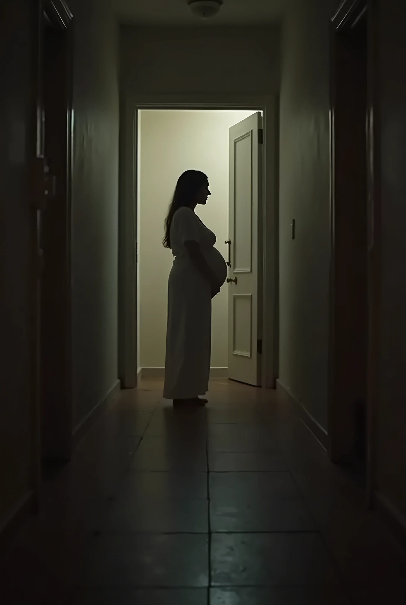 Photorealistic photography，Pregnant woman with a large belly sitting on a bench in the hallway，Take the list，Wait to see a doctor，Back shadow，Asian people