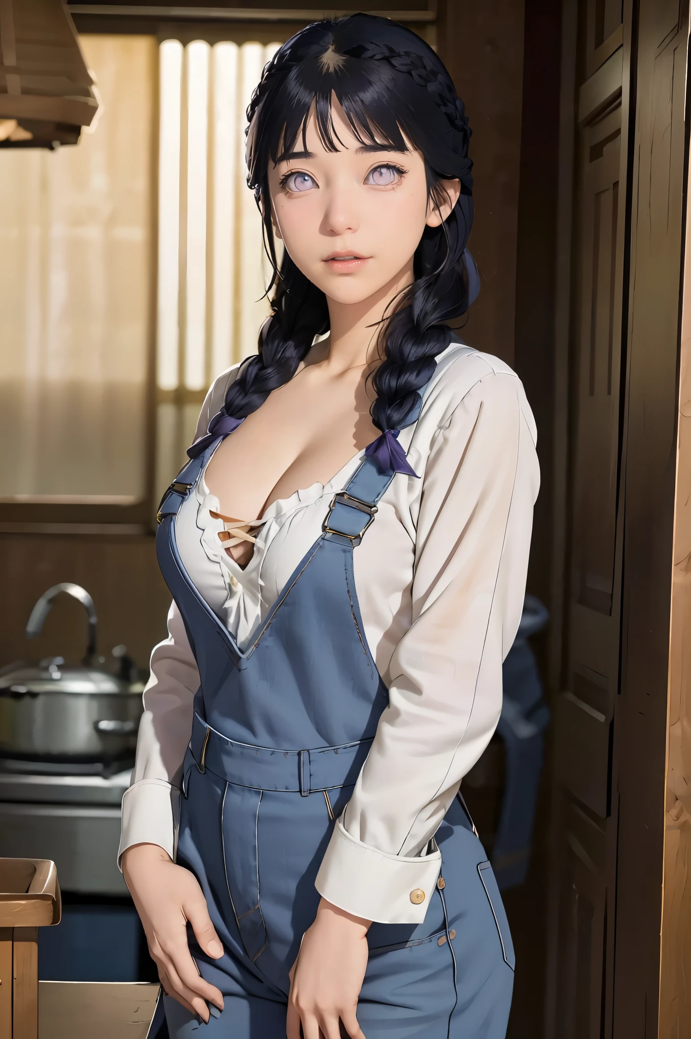 tmasterpiece, best qualityer, ultra - detailed, illustration,1girll,
long whitr hair,dark-blue hair,french braid,Purple eye,bluntbangs,cleavage,Large breasts
shirt,(jeans overalls:1.1),
mideum breasts,
looking at viewert,hyouka/(Boruto/),Detailed lips