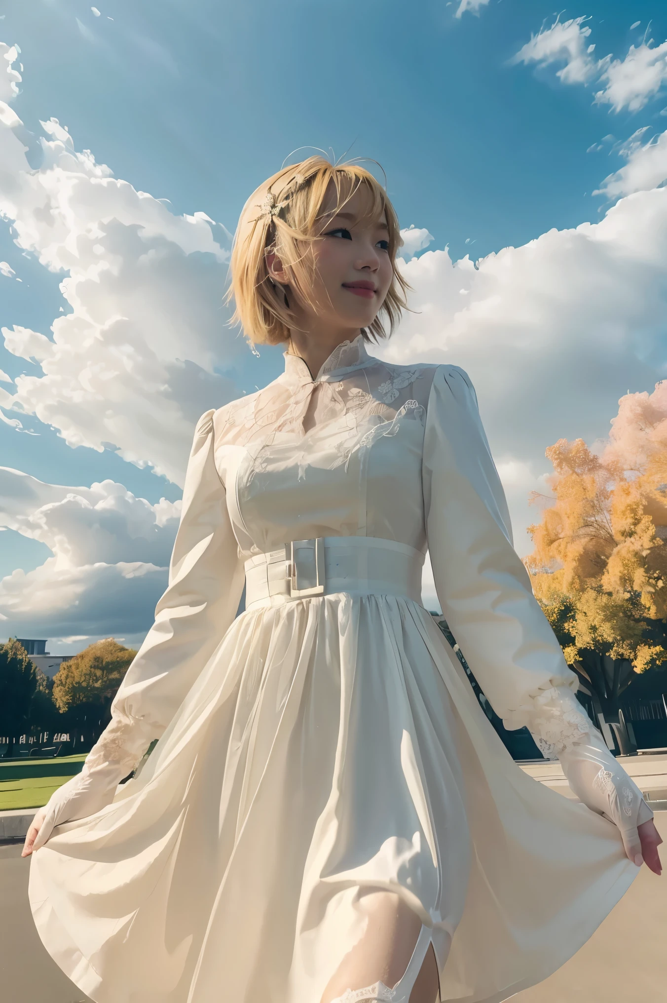 ((masterpiece,best quality)),1girl,solo, (((Chisato Nishikigi))), short hair, light yellow hair, solo, dress, detail eyes, looking at viewer, long sleeves, standing, white dress, gloves,hair ornament, black jacket, smile, floating hair, dutch angle, closed mouth, looking away, (center park),cloudy sky, blue sky, warm color,