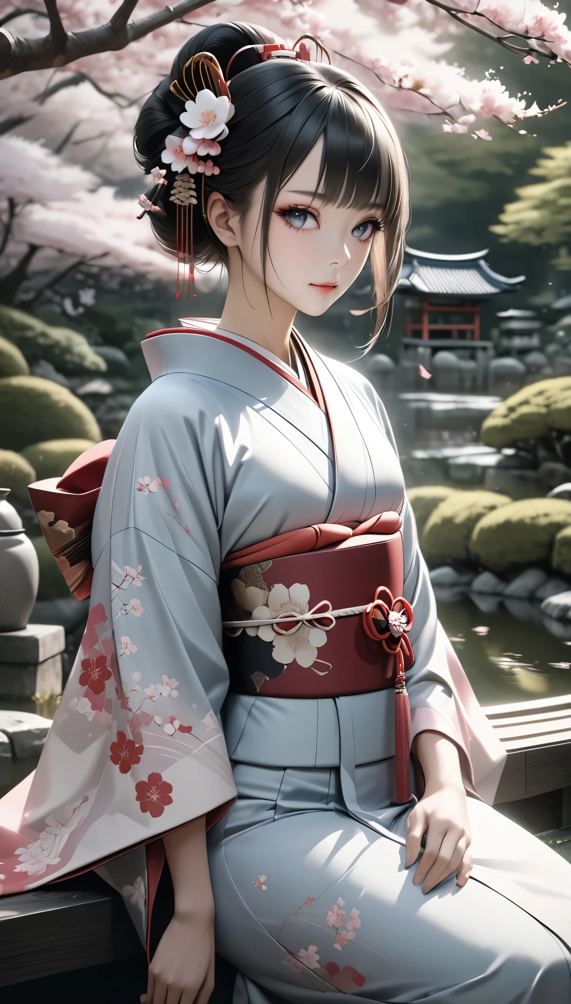 a beautiful geisha in a traditional japanese kimono, elegant pose, mesmerizing eyes, delicate facial features, exquisite hair ornaments, cherry blossom flowers, traditional japanese garden, soft lighting, muted color palette, (best quality,4k,8k,highres,masterpiece:1.2),ultra-detailed,(realistic,photorealistic,photo-realistic:1.37)