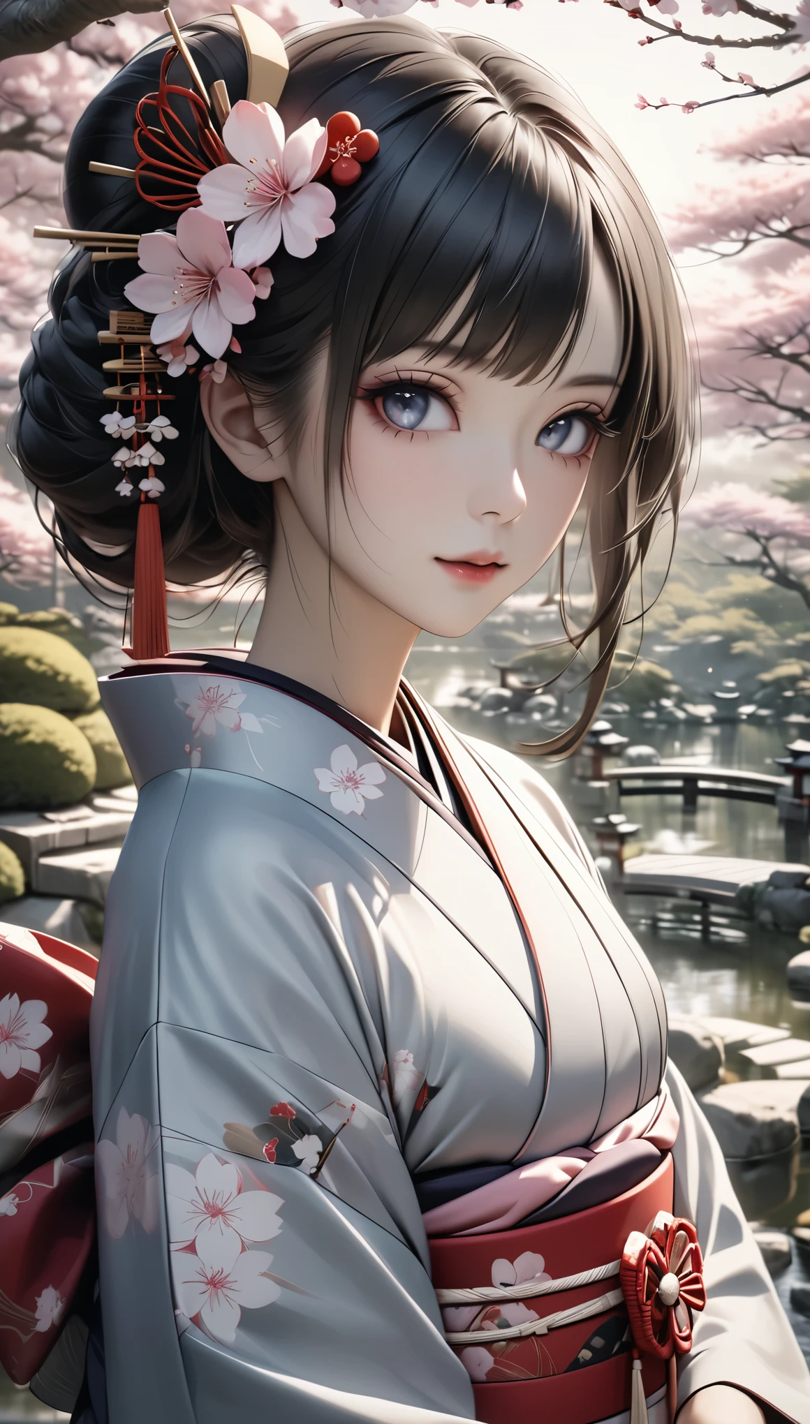 a beautiful geisha in a traditional japanese kimono, elegant pose, mesmerizing eyes, delicate facial features, exquisite hair ornaments, cherry blossom flowers, traditional japanese garden, soft lighting, muted color palette, (best quality,4k,8k,highres,masterpiece:1.2),ultra-detailed,(realistic,photorealistic,photo-realistic:1.37)