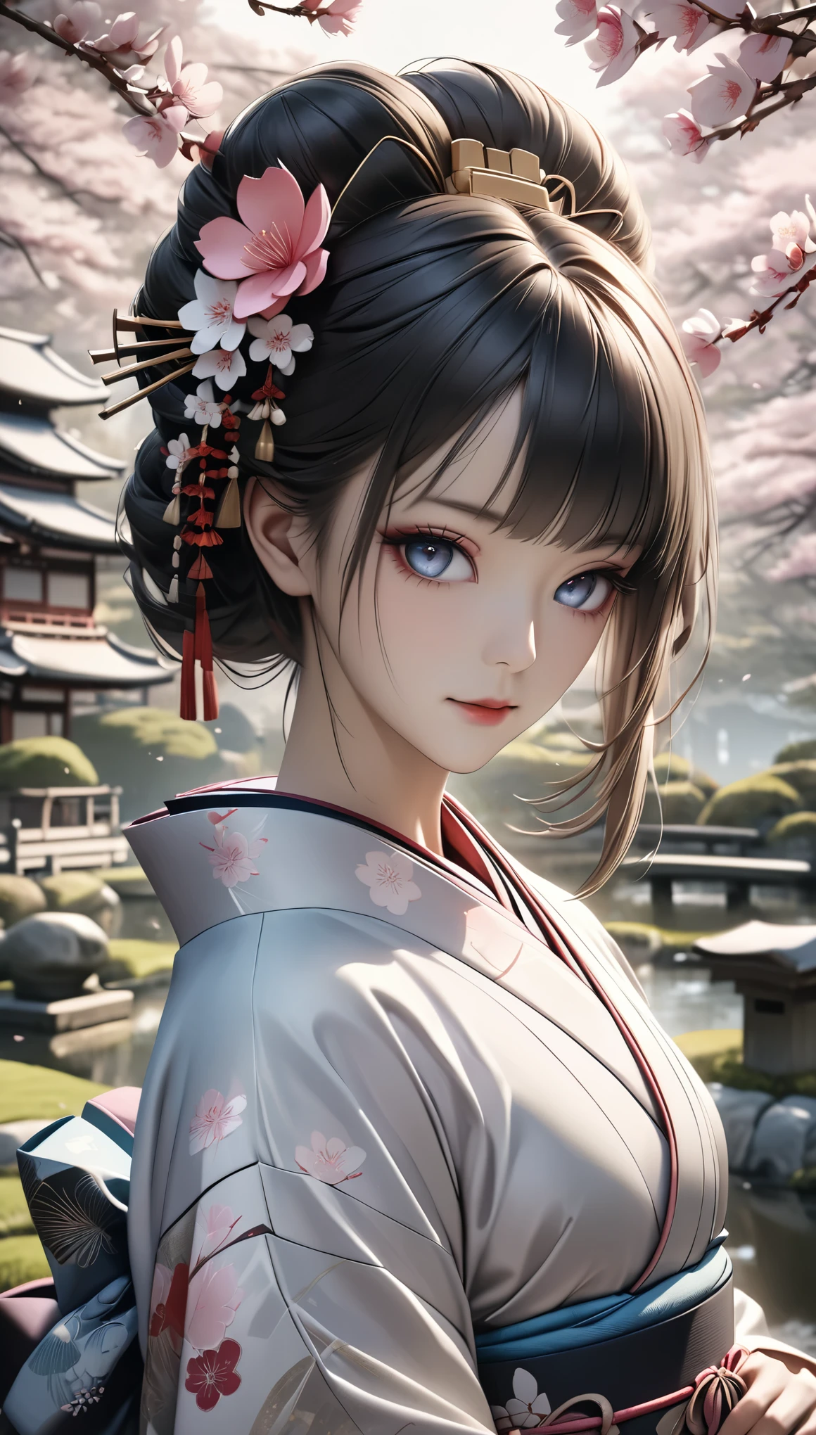 a beautiful geisha in a traditional japanese kimono, elegant pose, mesmerizing eyes, delicate facial features, exquisite hair ornaments, cherry blossom flowers, traditional japanese garden, soft lighting, muted color palette, (best quality,4k,8k,highres,masterpiece:1.2),ultra-detailed,(realistic,photorealistic,photo-realistic:1.37)