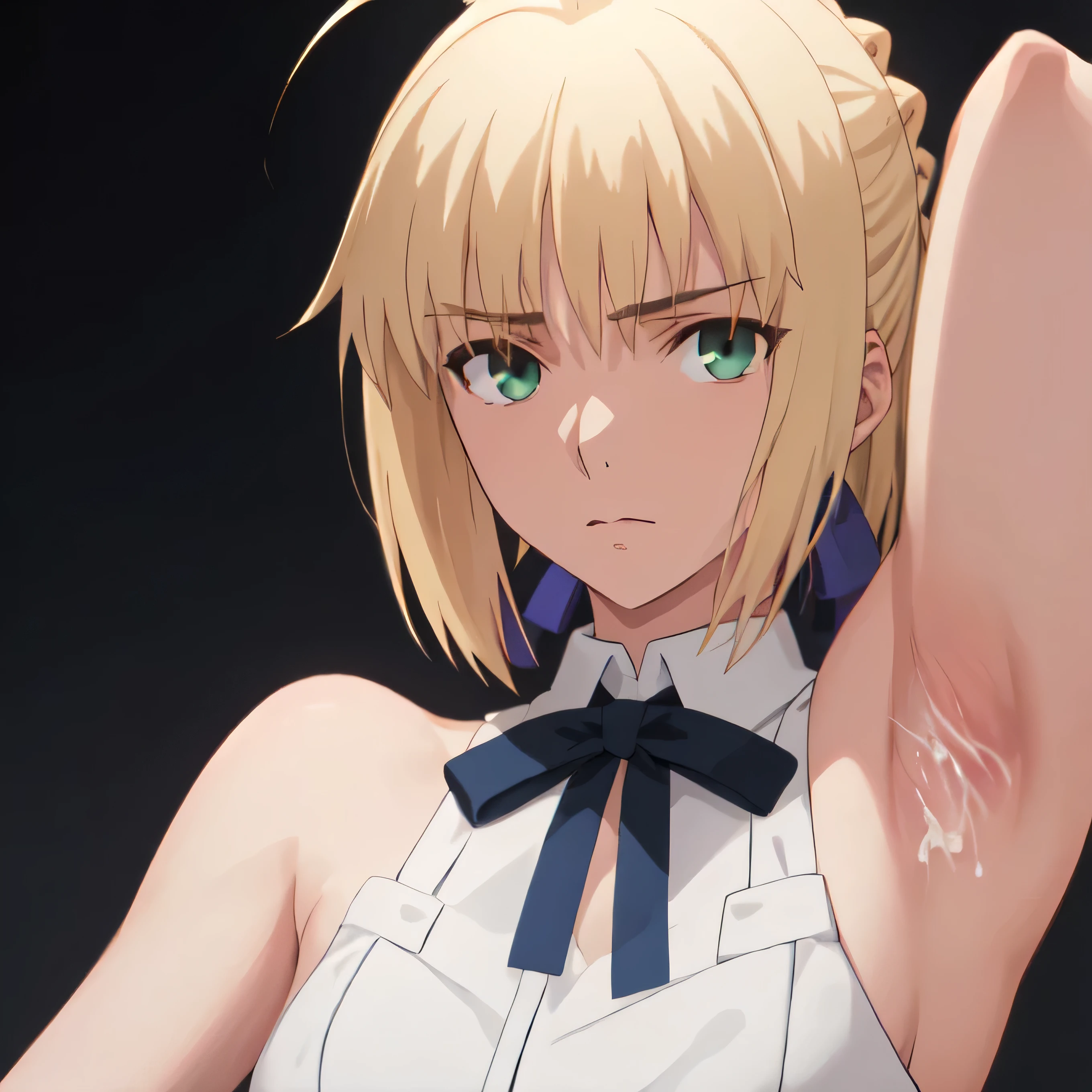 best quality, masterpiece, highres, solo, ((saber_fatestaynightufotable:1.10)), 1girl, white shirt, penis ,style parody, neck ribbon, anime coloring, upper body, looking at viewer, anime_style, 9 ,Armpit,cum on Armpit,,