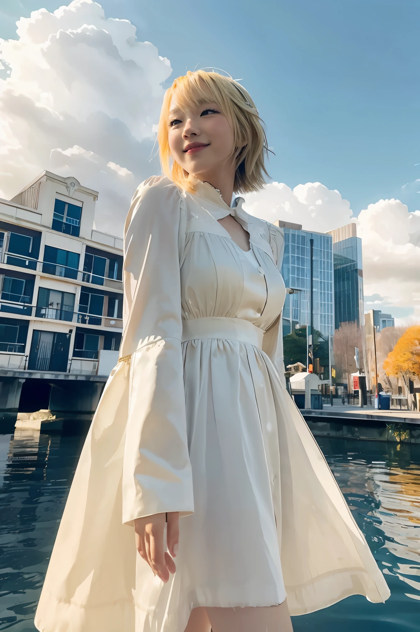 ((masterpiece,best quality)),1girl,solo, (((Chisato Nishikigi))), short hair, light yellow hair, solo, dress, detail eyes, looking at viewer, long sleeves, standing, white dress, gloves,hair ornament, black jacket, smile, floating hair, dutch angle, closed mouth, looking away, (center park),cloudy sky, blue sky, warm color,