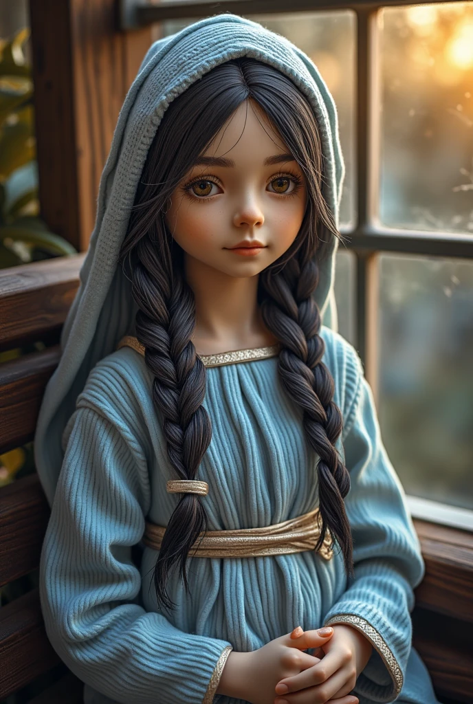 Mother of Jesus, with black hair and green eyes, light brown skin, wearing a light blue robe, and a sky blue veil, bringing a calm expression of peace (full body) near the window, illuminated by moonlight (magnificent and realistic)