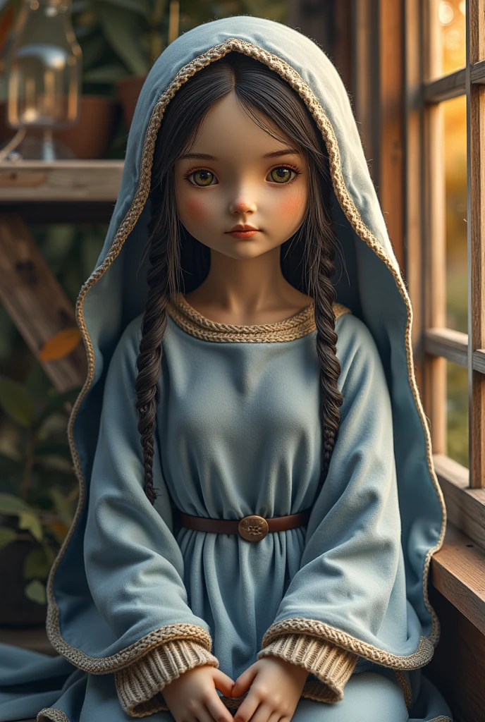 Mother of Jesus, with black hair and green eyes, light brown skin, wearing a light blue robe, and a sky blue veil, bringing a calm expression of peace (full body) near the window, illuminated by moonlight (magnificent and realistic)