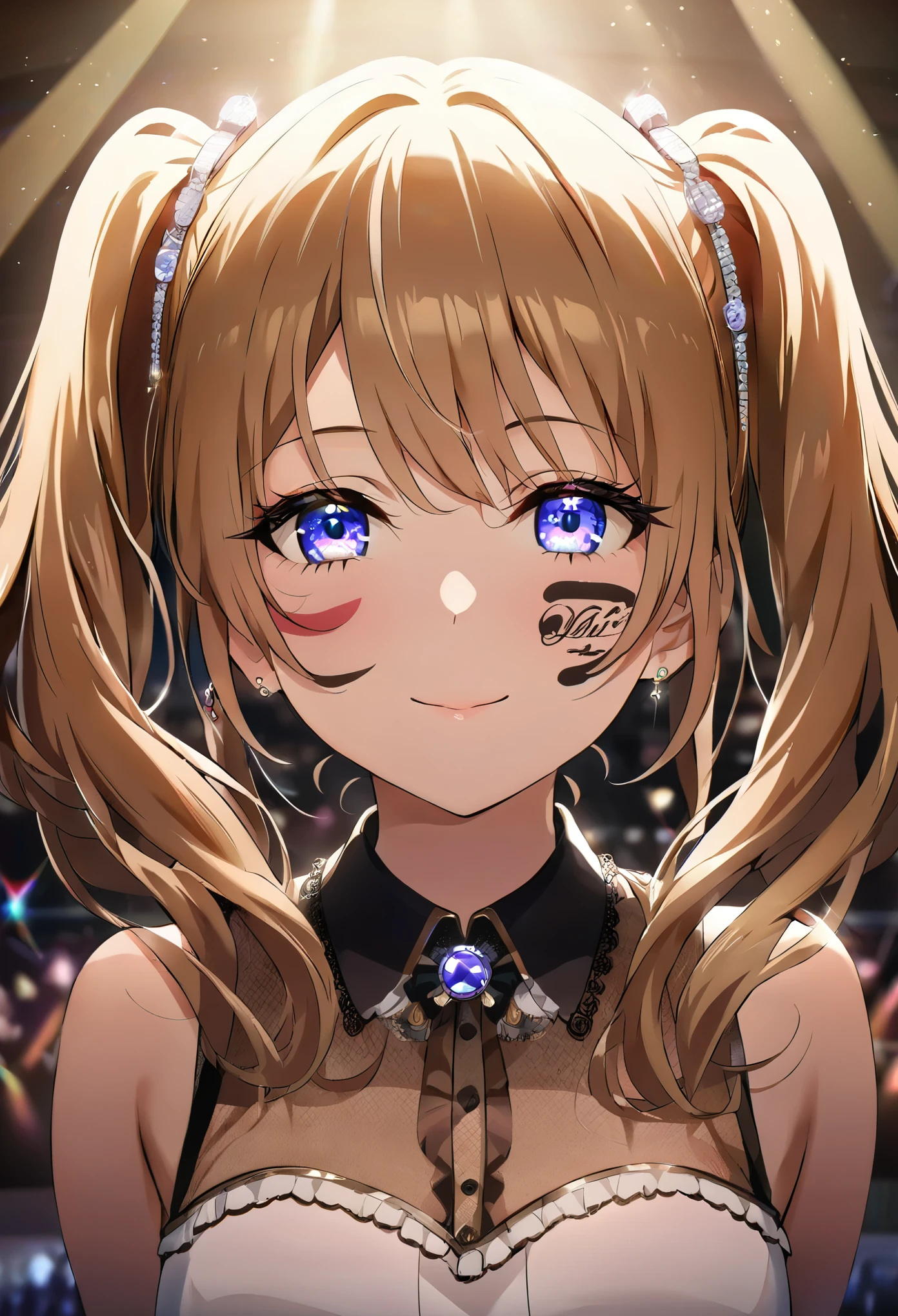 ((best quality)), ((masterpiece)), (detailed), perfect face, high detailed eyes, long eyelashes, light smile, ccurate, light brown hair, long twintails, jewelry, facepaint, atmospheric perspective, 8k, Idol singer, concert venue, spotlight, light beam