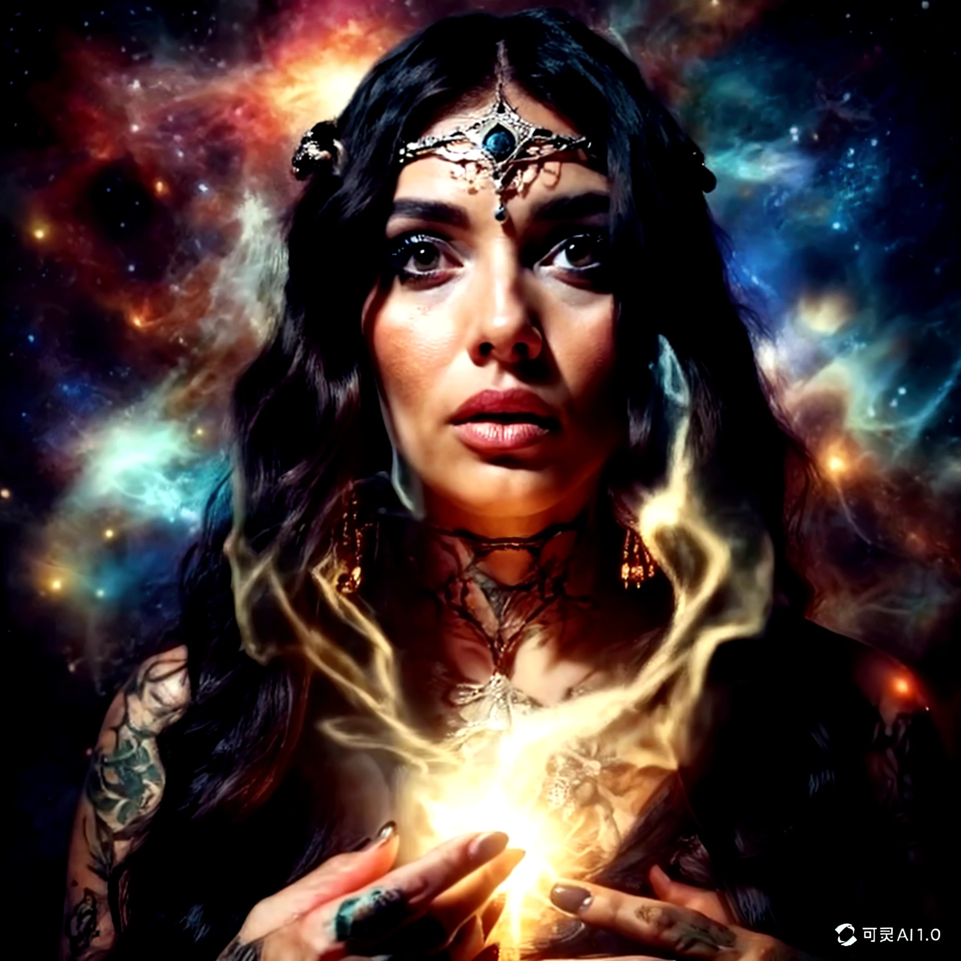 Here are the images featuring an abstract human figure surrounded by symbols of planets and zodiac signs, with the specified color scheme of purple, blue, and gold. The designs incorporate light astrological patterns and intricate lines, creating a mystical and spiritual theme, masterpiece, matte painting high quality, cinematic lighting, 8k, background a blue sky with a 3D with clouds in the horizon